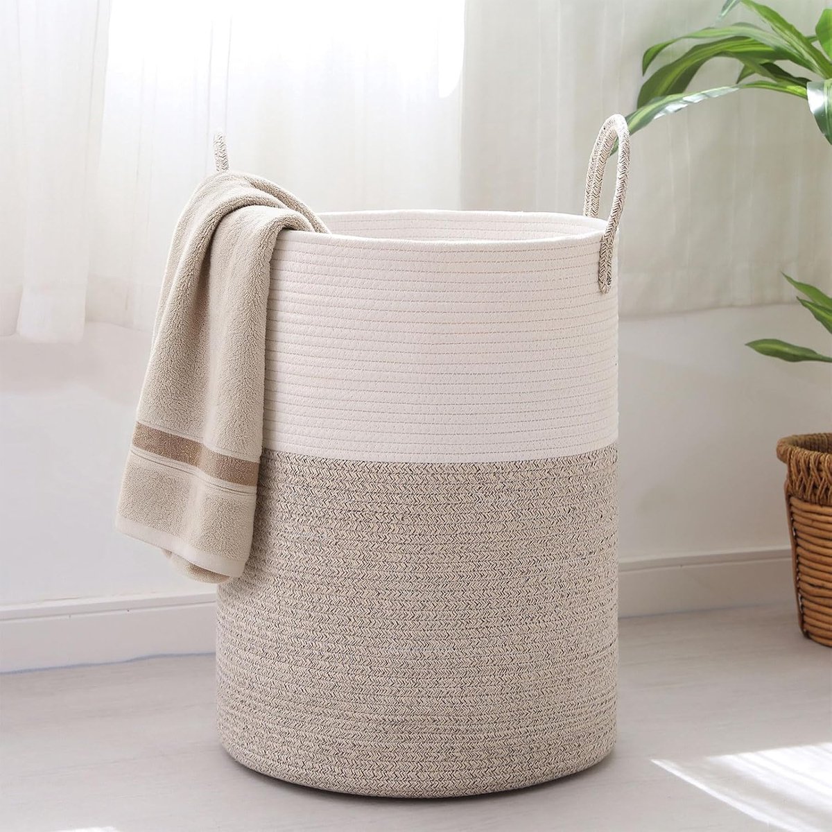 Wasmand 60 liter - Gevlochten katoen - Rond ontwerp - Ideaal voor woonkamer of wasruimte - ShopVlot
