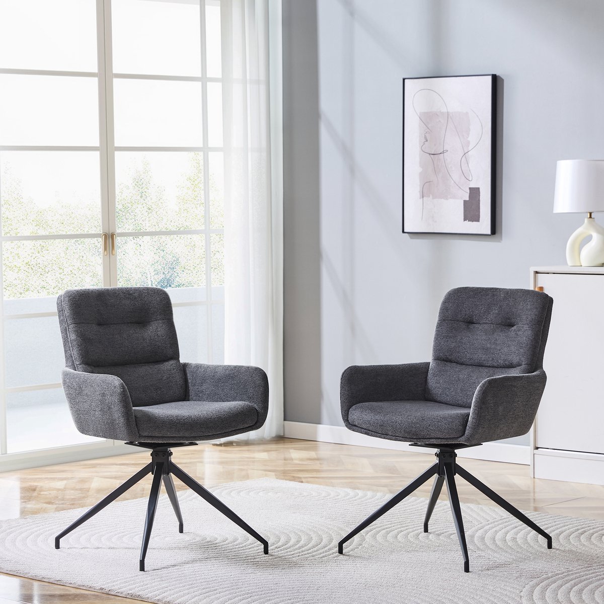 COVREO Eetkamerstoel 55x50x85 cm donkergrijs, stof en metaal, draaibaar, set van 2