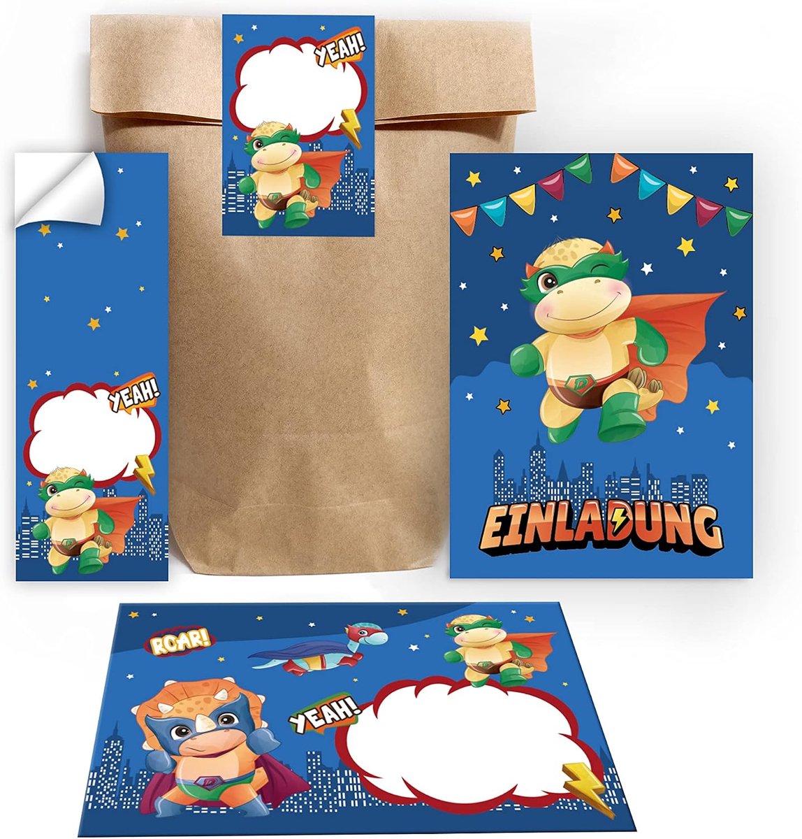 uitnodigingskaarten kinderfeestje dinosaurussen - 12 kaarten met enveloppen - inclusief stickers en tassen - ShopVlot