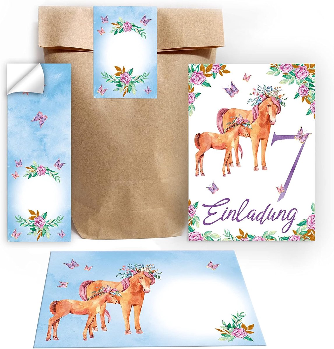 Uitnodigingskaarten voor 7e kinderverjaardag - meisjes met paarden - 12 stuks incl. enveloppen en stickers - ShopVlot