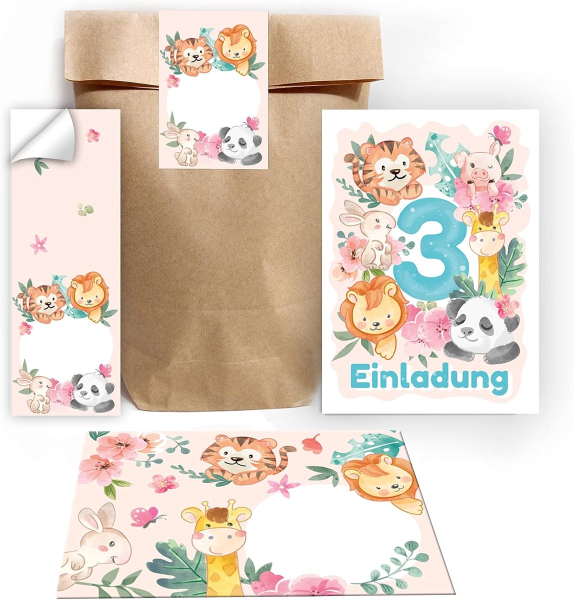 Uitnodigingskaarten 3e verjaardag - dieren thema - panda, leeuw, tijger - inclusief enveloppen en stickers - ShopVlot