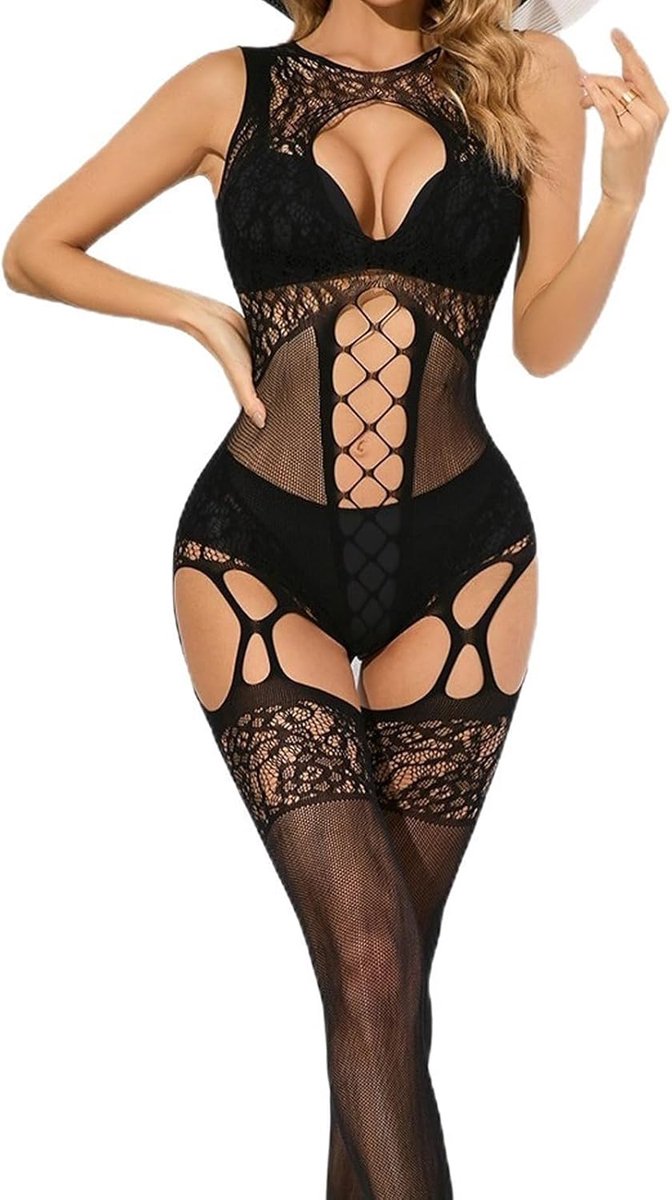 Netbodystocking dames plus size - elastische mesh bodysuit - kousenlook - perfect voor club en rave - ShopVlot