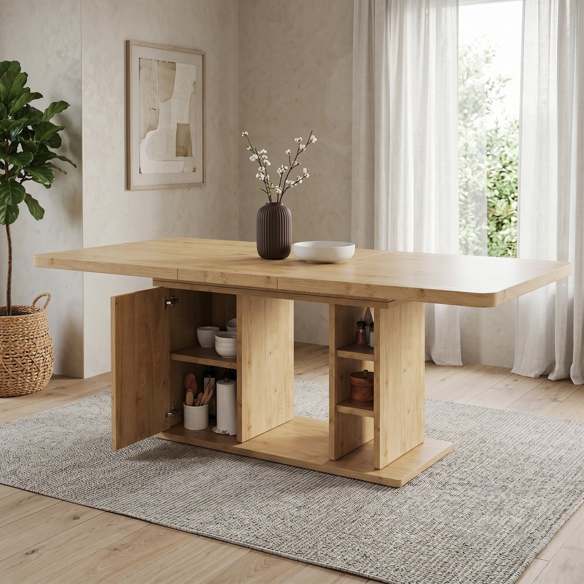 MODENUIT Eettafel - Uitschuifbaar Met Opbergruimte - Voor Eetkamer - MDF - Eikenkleur - 140/180x80 Cm