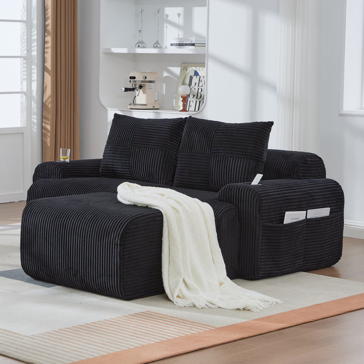 DESMIU Bank - Modulaire Hoekbank 2-Zits Met Voetbank - Cuphouder En Opbergvak - Voor Woonkamer En Lounge - Corduroy - Zwart