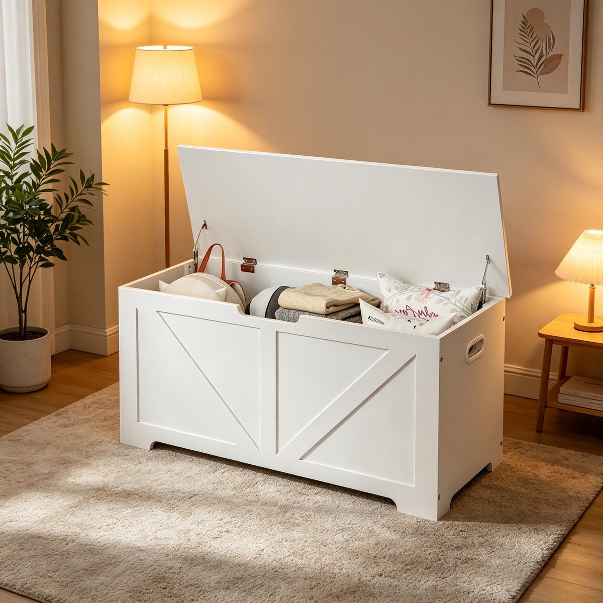 OKWISH Bankje 100 x 40 x 47 cm - Met Verborgen Opbergruimte En Scharnierdeksel - Voor Hal Of Slaapkamer - Hout - Wit