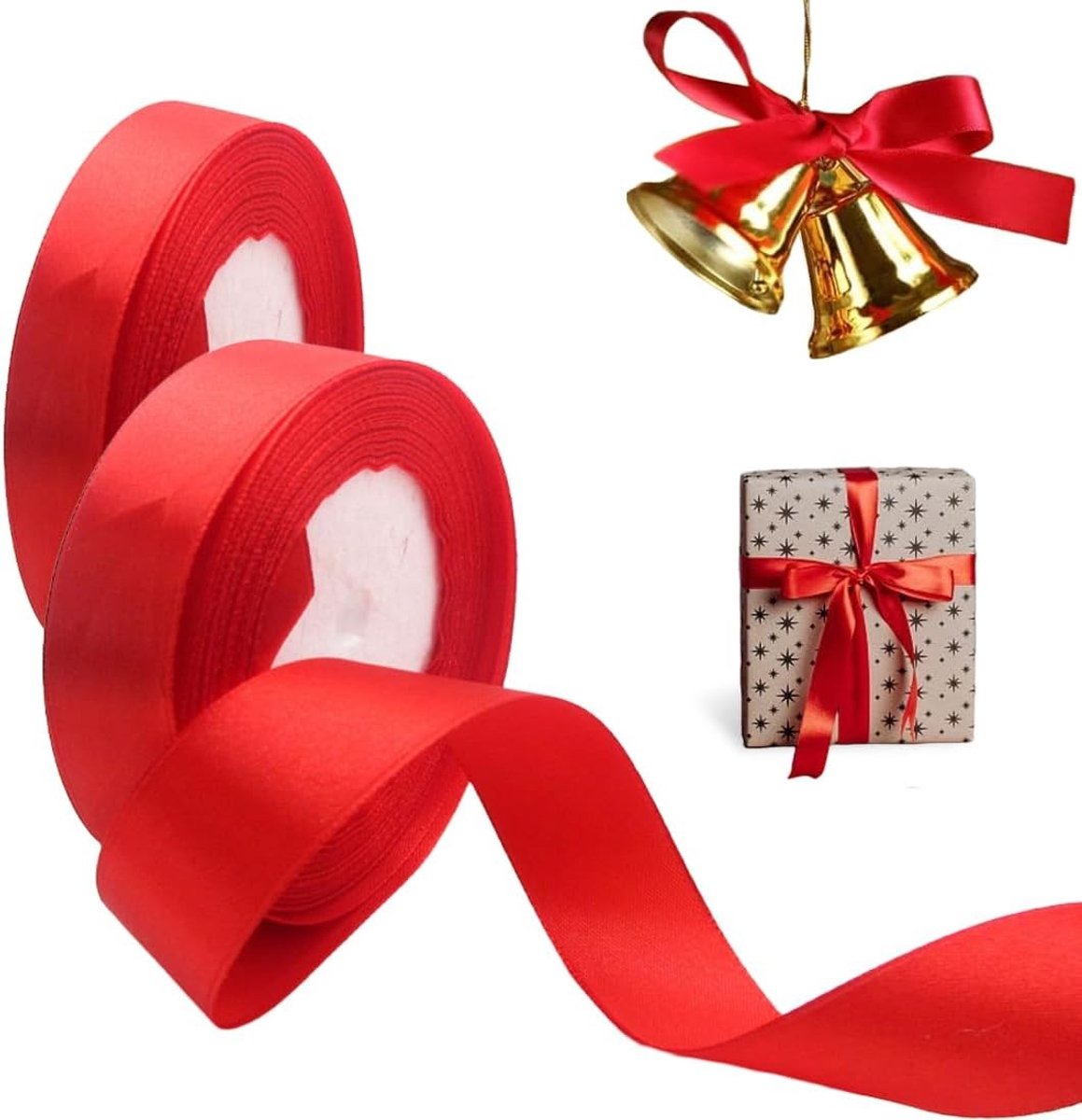 Rode satijnen linten, zijde geschenk linten (0,6 + 1,5 cm) x 22 m per rol, perfect voor cadeauverpakking, bruiloftdecoratie en ambachtelijke projecten