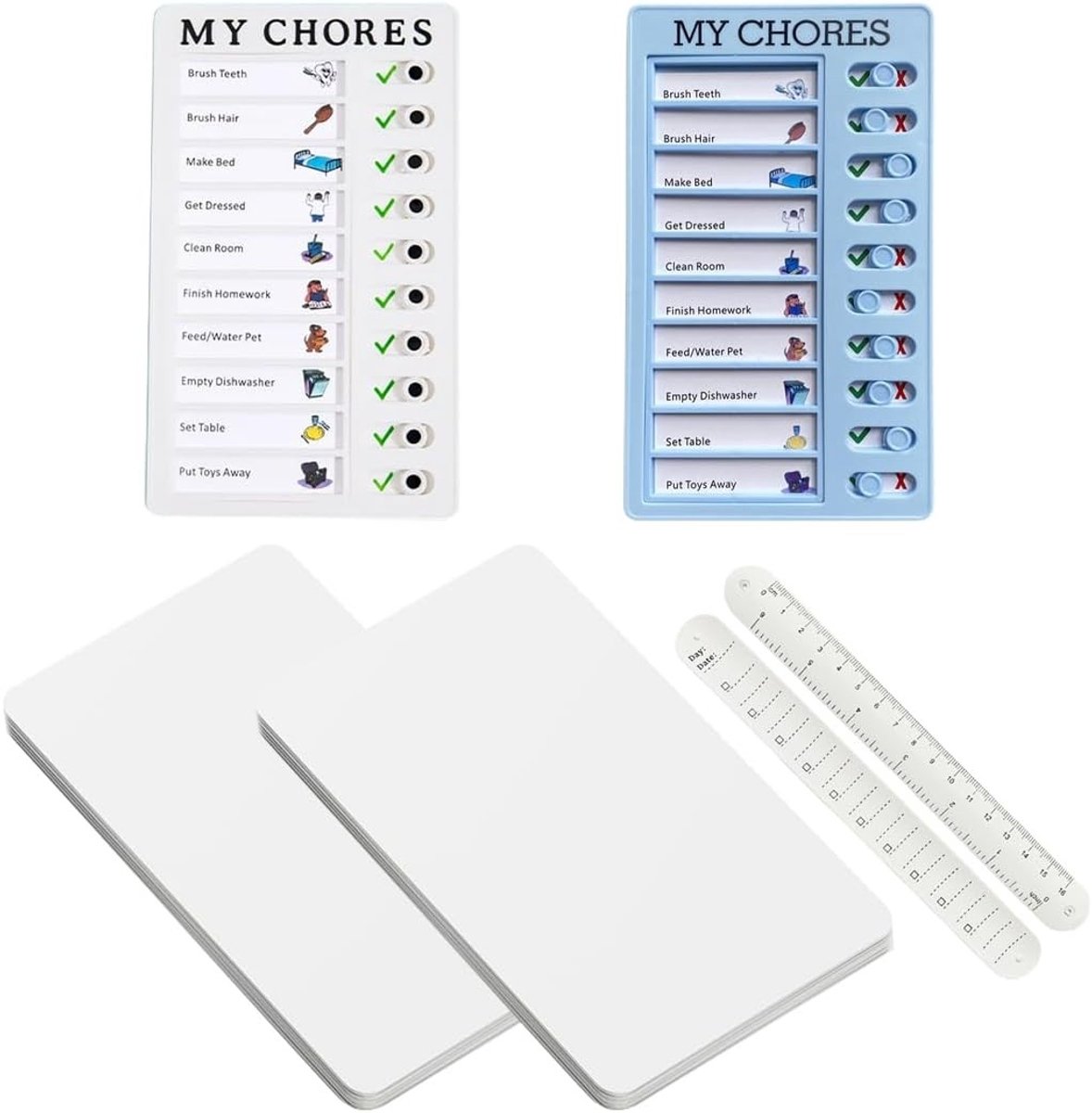 Set van 4 kindertakenborden, inclusief 2 herbruikbare planningsborden, 2 extra papierpakketten en 2 notetapes, perfect voor routines en organisatie in het gezin