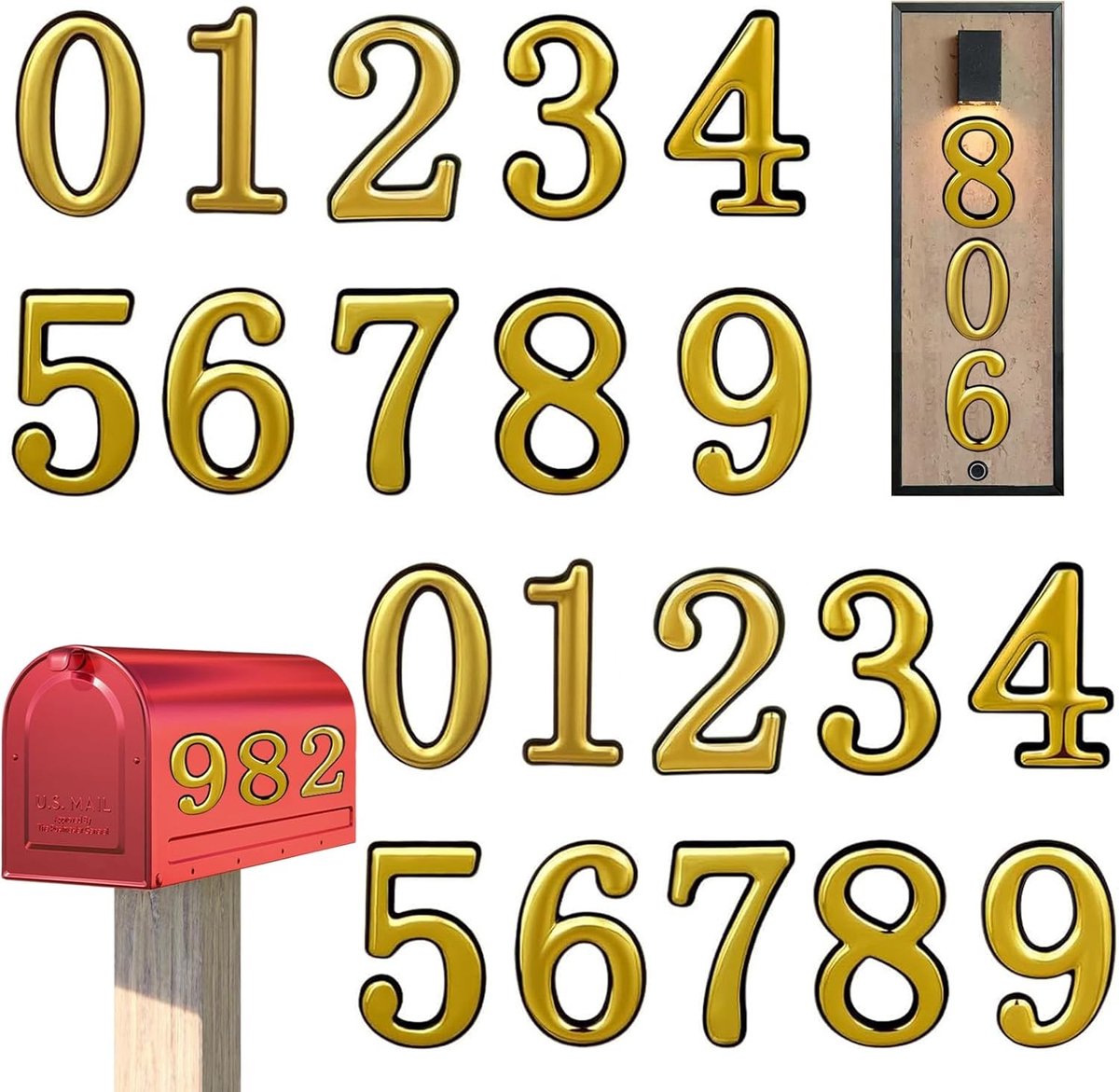 Set van 20 3D Huisnummers voor Buitengebruik, Gouden Adresstickers voor Postbus en Deur, Geschikt voor Thuis en Kantoor
