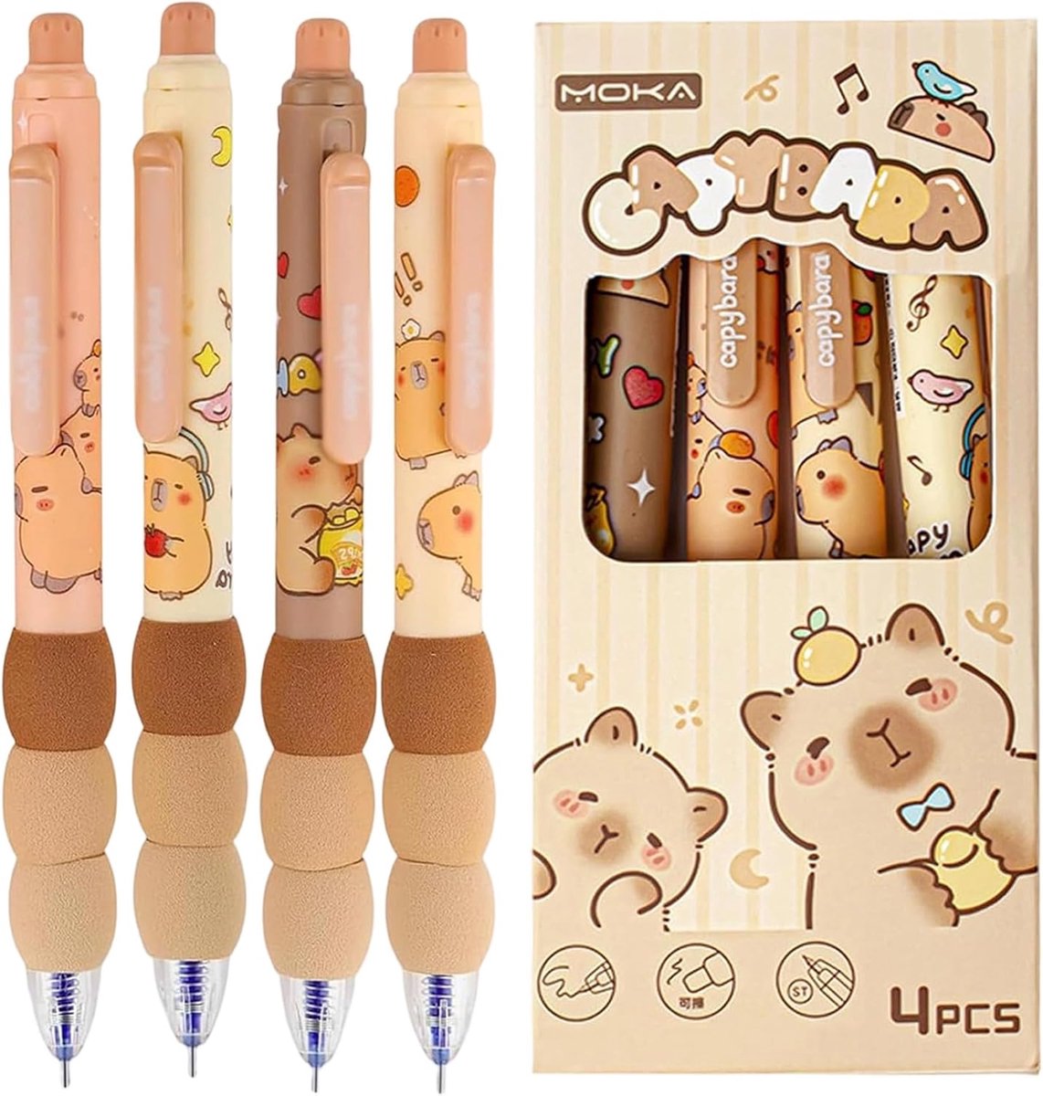 Capybara Capybara Pennen, 4 stuks, 0,5 mm, uitwisbare balpen, pennenset, gum bovenaan, voor kantoor, school, notities - ShopVlot