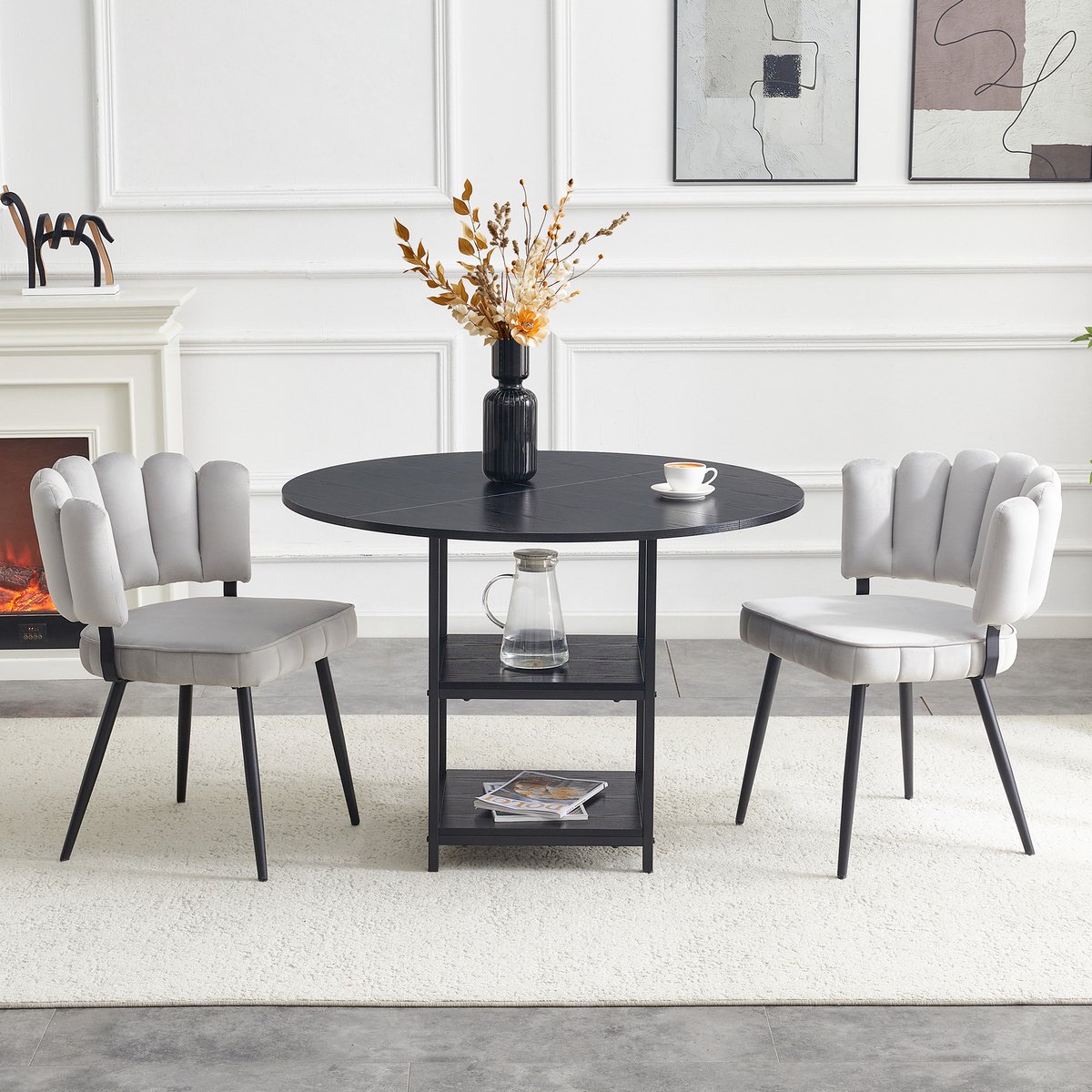 COVREO Set tafel en stoelen 107 cm zwart en lichtgrijs, hout en metaal met opberplanken