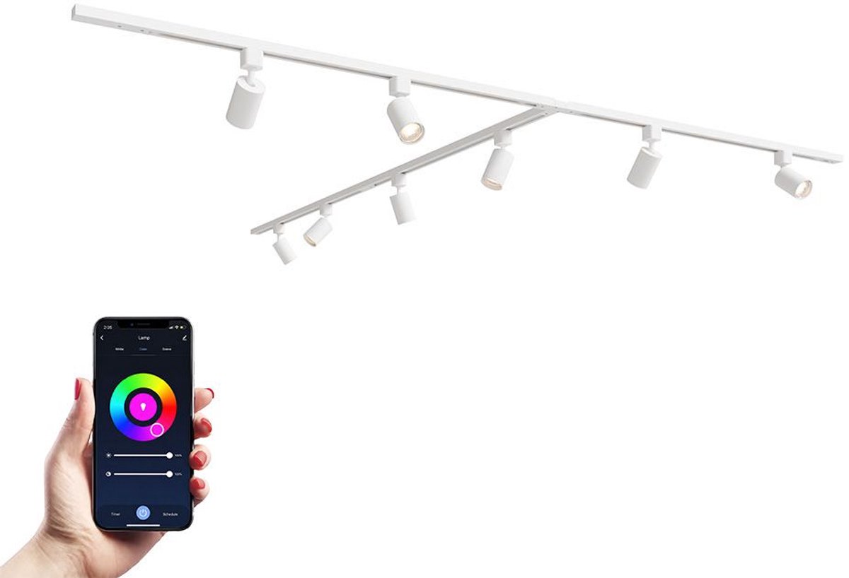 HOFTRONIC railverlichting pakket T-vorm – 4x 1 meter rail – 8 RGBWW GU10 railspots – dimbaar via app – aluminium wit – IP20 – modulair – 230V – slimme verlichting woonkamer keuken kantoor