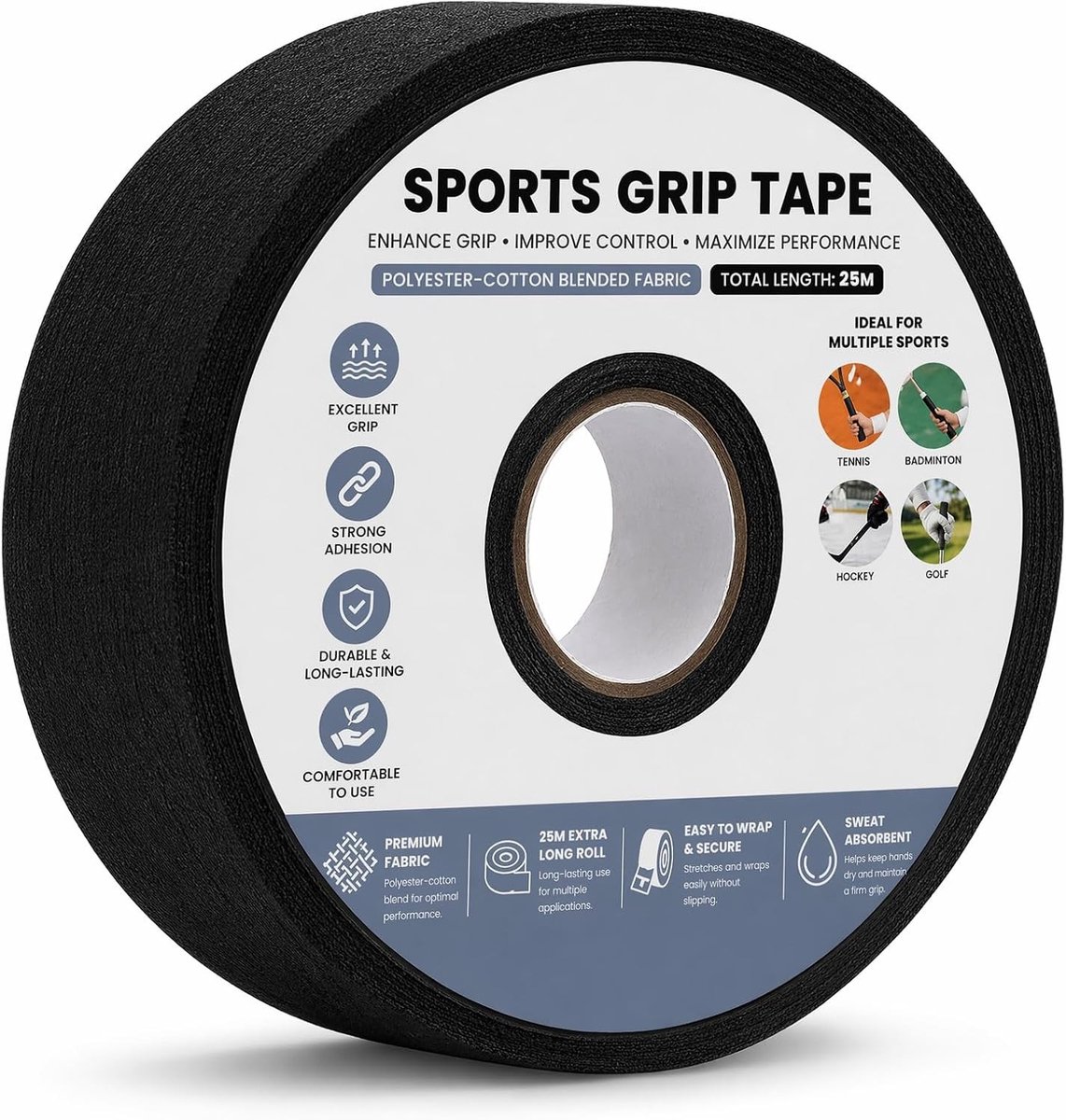 Antislip Griptape voor Racketcontrole - 2 Rollen Scheurvast en Sterk Plakband, 2,5 cm x 25 m, Ideaal voor IJshockey, Tennis en Golf, Zwart