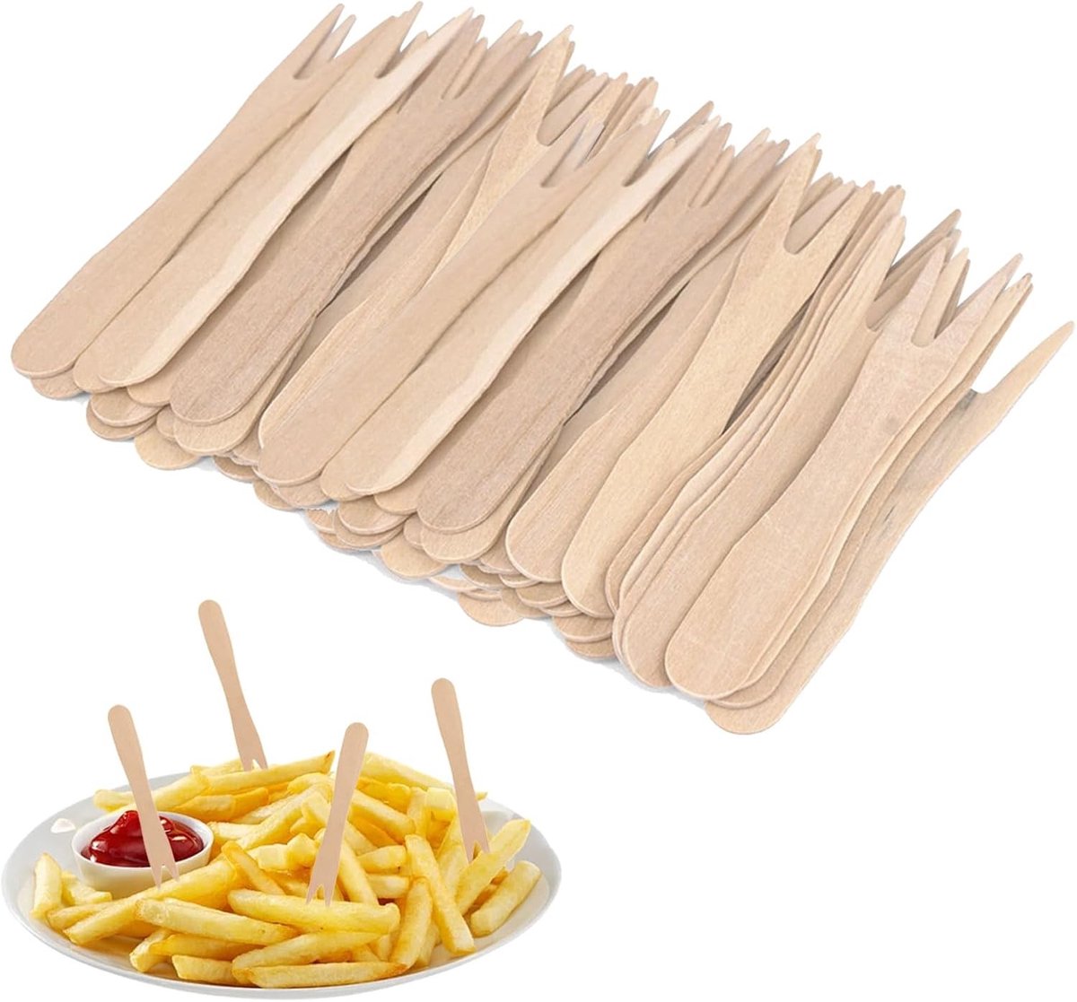 Houten Curry Wurst Prikkers, 200 Stuks Wegwerp Bestek voor Feestjes, Verjaardagen, Kamperen en Picknicks, 85 mm Lange Prikkers voor Snack en Fingerfood