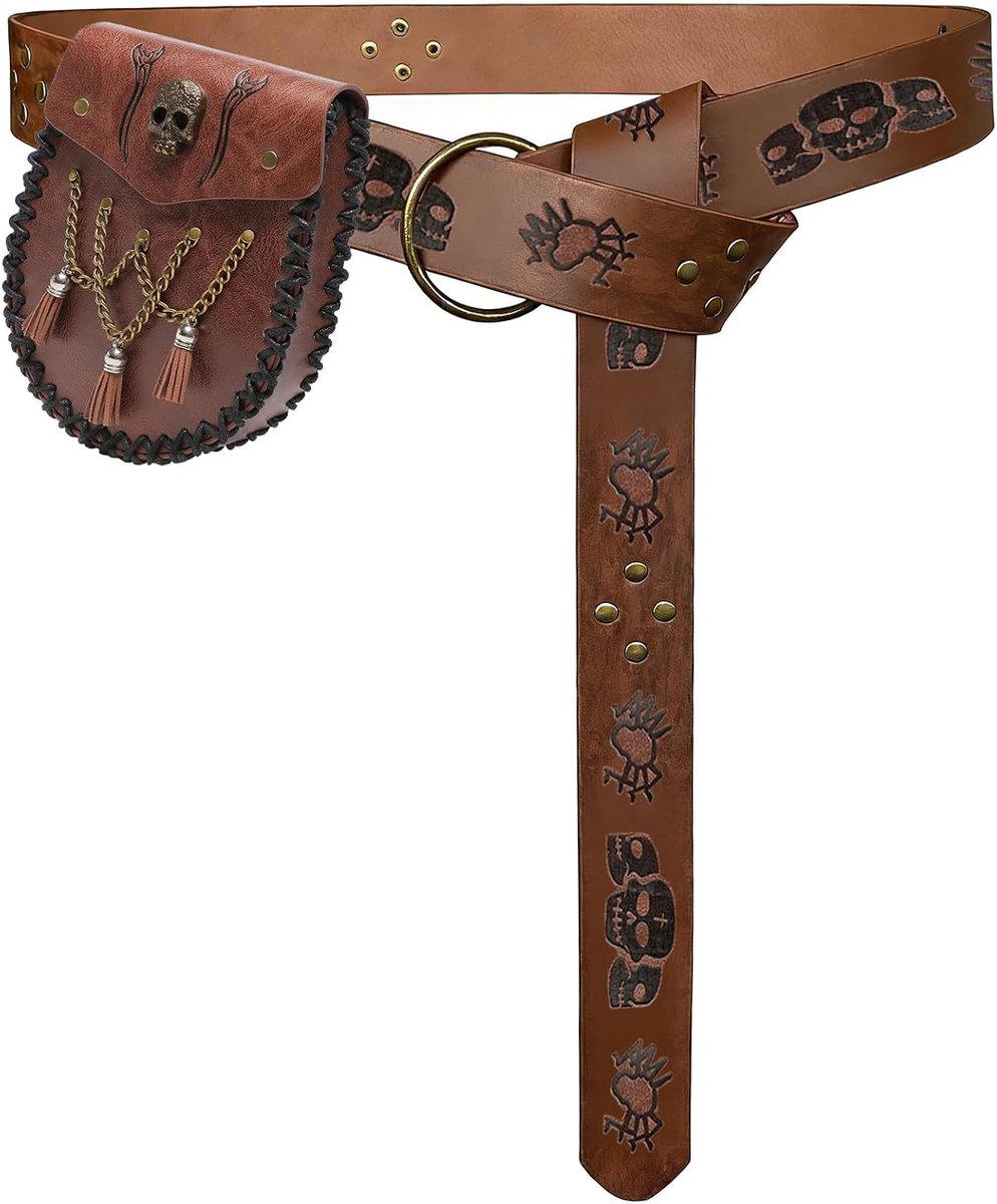 Middeleeuwse riem en riemtas, Vikingriem, doodskop-patroon, reliëf kunstleer, Vikingkostuum voor dames en heren - ShopVlot
