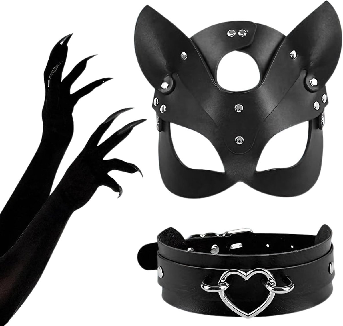 Halloweenkostuum voor dames, 3-delig, Cat Woman maskerset met kattenmasker, halsband en lange handschoenen - ShopVlot