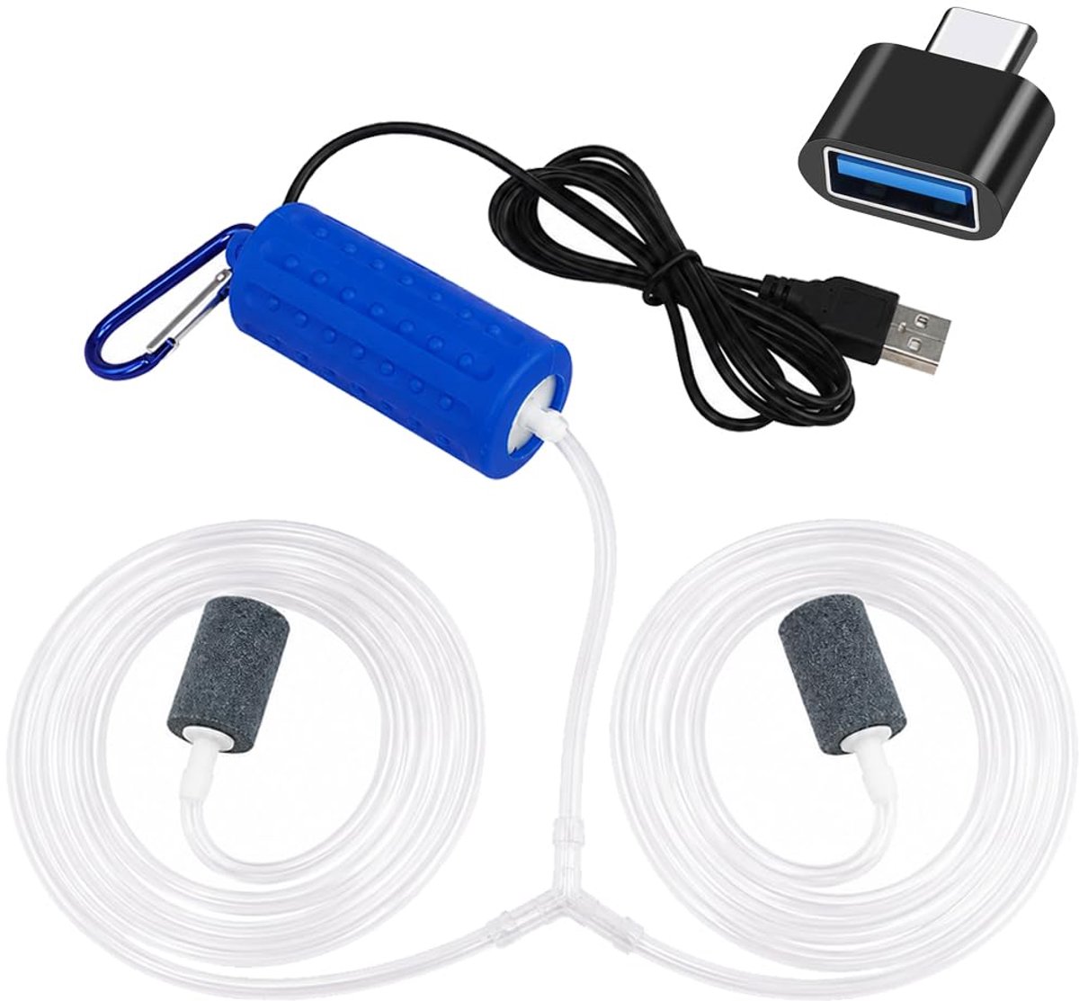 Aquarium USB-luchtpomp, draagbare zuurstofpomp voor aquaria met twee diffusorstenen, siliconen slang en karabijnhaak - ShopVlot