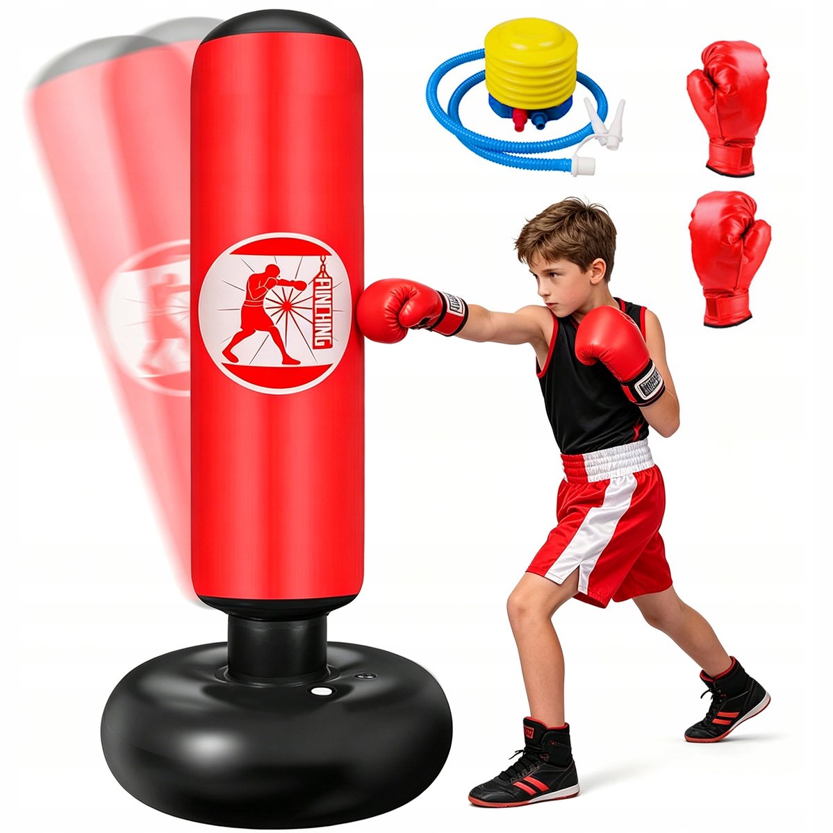 Boxing Bag voor Kinderen - Opblaasbare Bokszak - Staande Boksbal op Voet - 160 cm - PVC - met Handschoenen & Pomp - Fitness en Stress - Voor Kinderen 6-12 jaar - Training