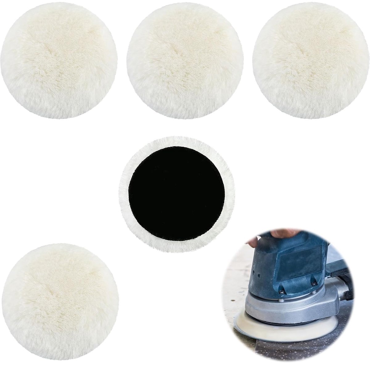 Set van 5 polijstpads (150 mm) - Lamsvollen polijstkappen voor auto's, koplampen, kurkvloeren en excentrische - ShopVlot