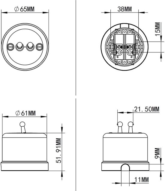 Surface mounted porcelain Retro Toggle Brass double switch, All-in-One, series QR1 white - ShopVlot — afbeelding 4