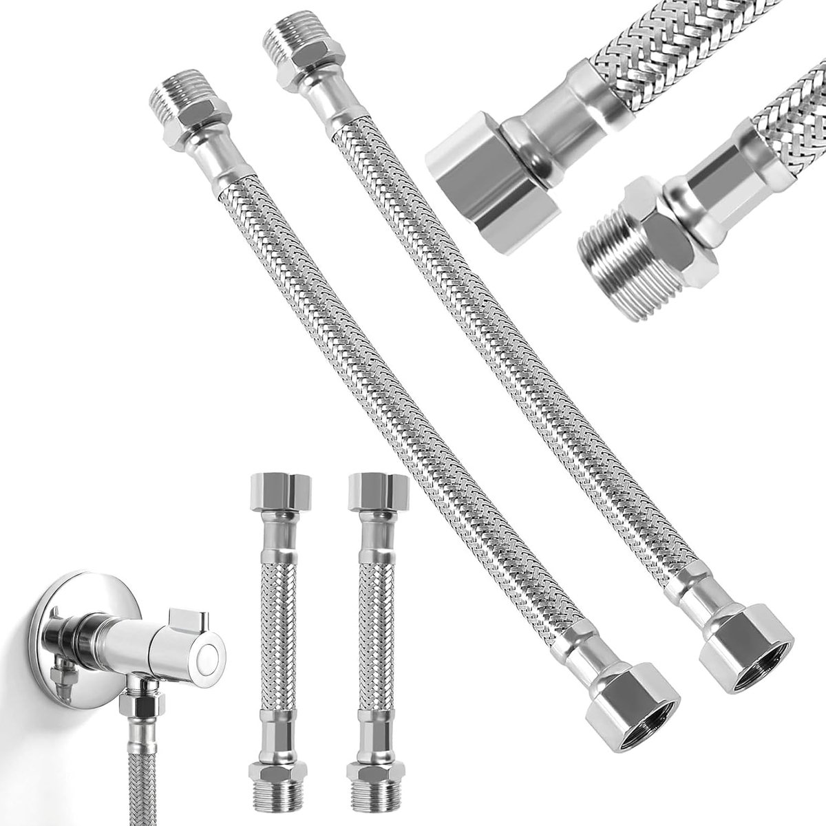 Flexible Hose, 3/8 Inches, 4 Pieces, 304 Stainless Steel Armoured Hose, Flexible Fixture Hose Extension for Tap and - ShopVlot