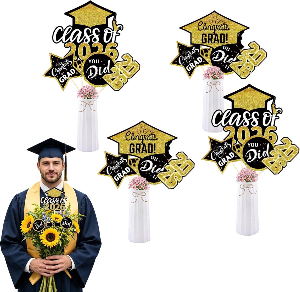 20 stuks afstudeerdecoraties voor boeketten en vazen, graduation centerpieces met 6 motieven, voor afstudeerfeest - ShopVlot