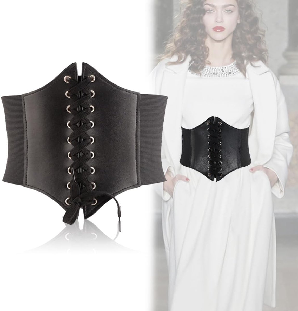 Black Leather Corset with Laces and Retro Elastic Belt, Perfect for Costume or Pirate Evening Dresses, Elastic Length - ShopVlot
