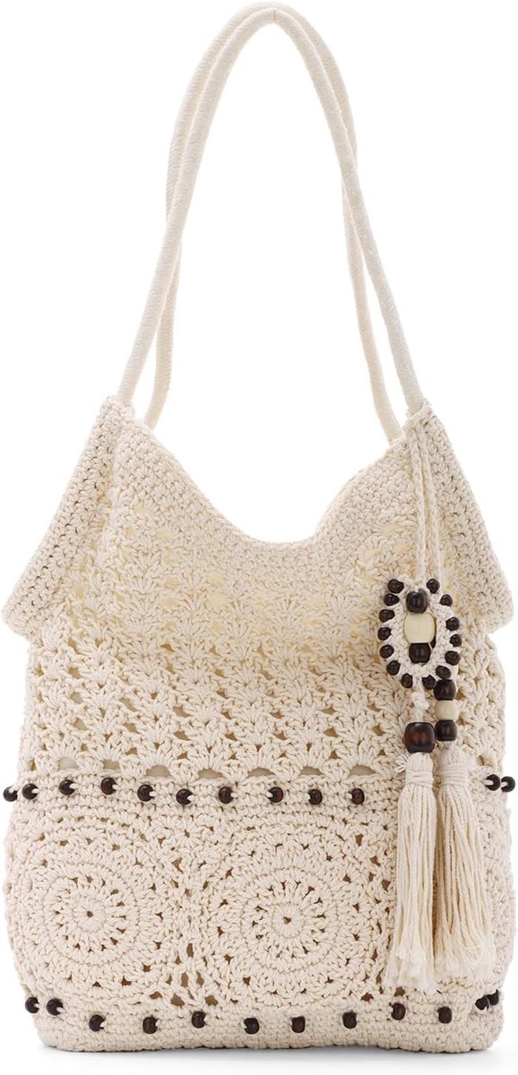 Fecialy Haakse schoudertas voor dames, zomer, strandtas, handgeweven katoen, hobo vakantietas met kwast - ShopVlot