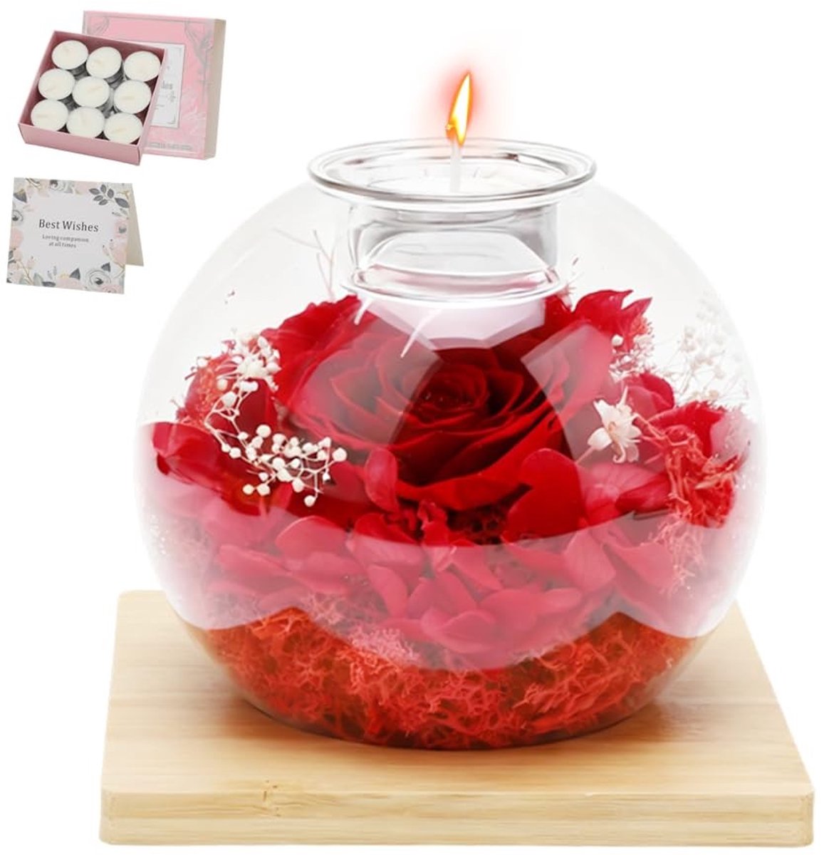 Solidchoice - Decoratieve Eternal Rose Aromatherapy Set met Houten Voetstuk, Roze Roos
