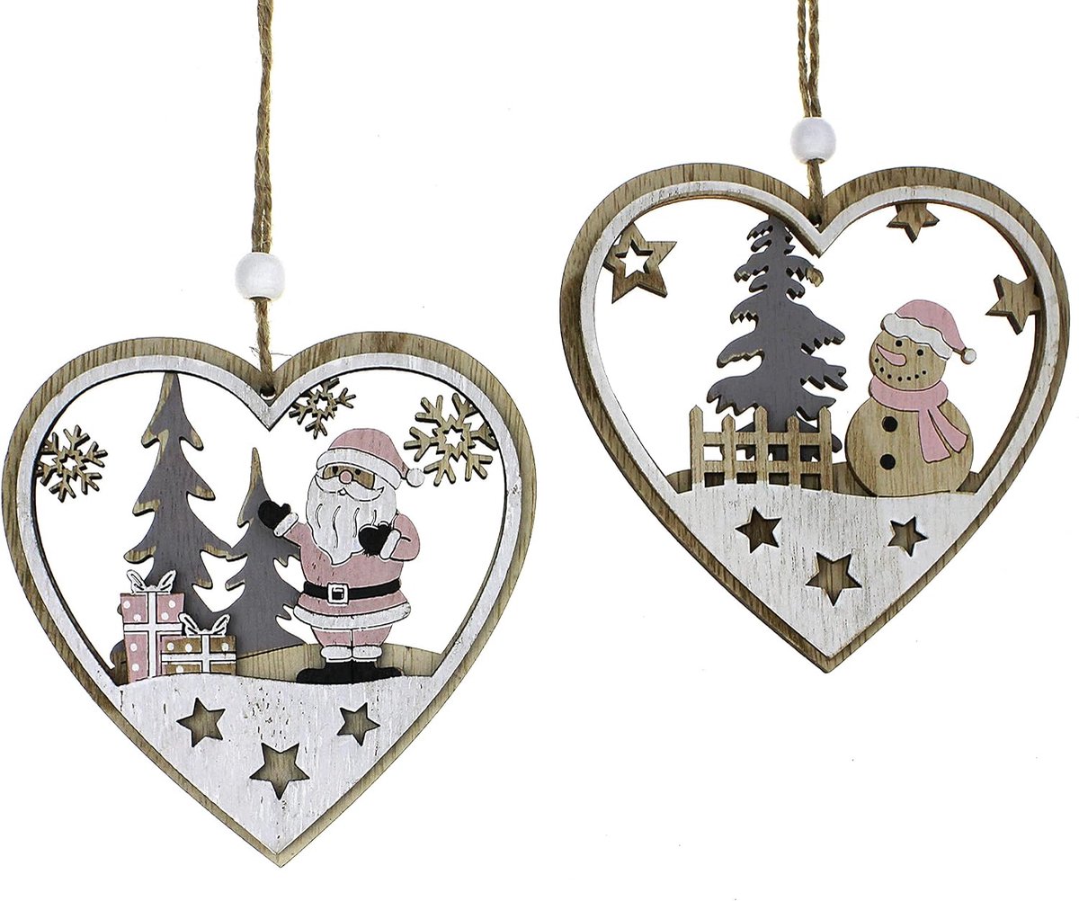 2 x decorative pendant heart with winter motif each 9 cm, wood nature white brown, poplar wooden pendant, wooden - ShopVlot