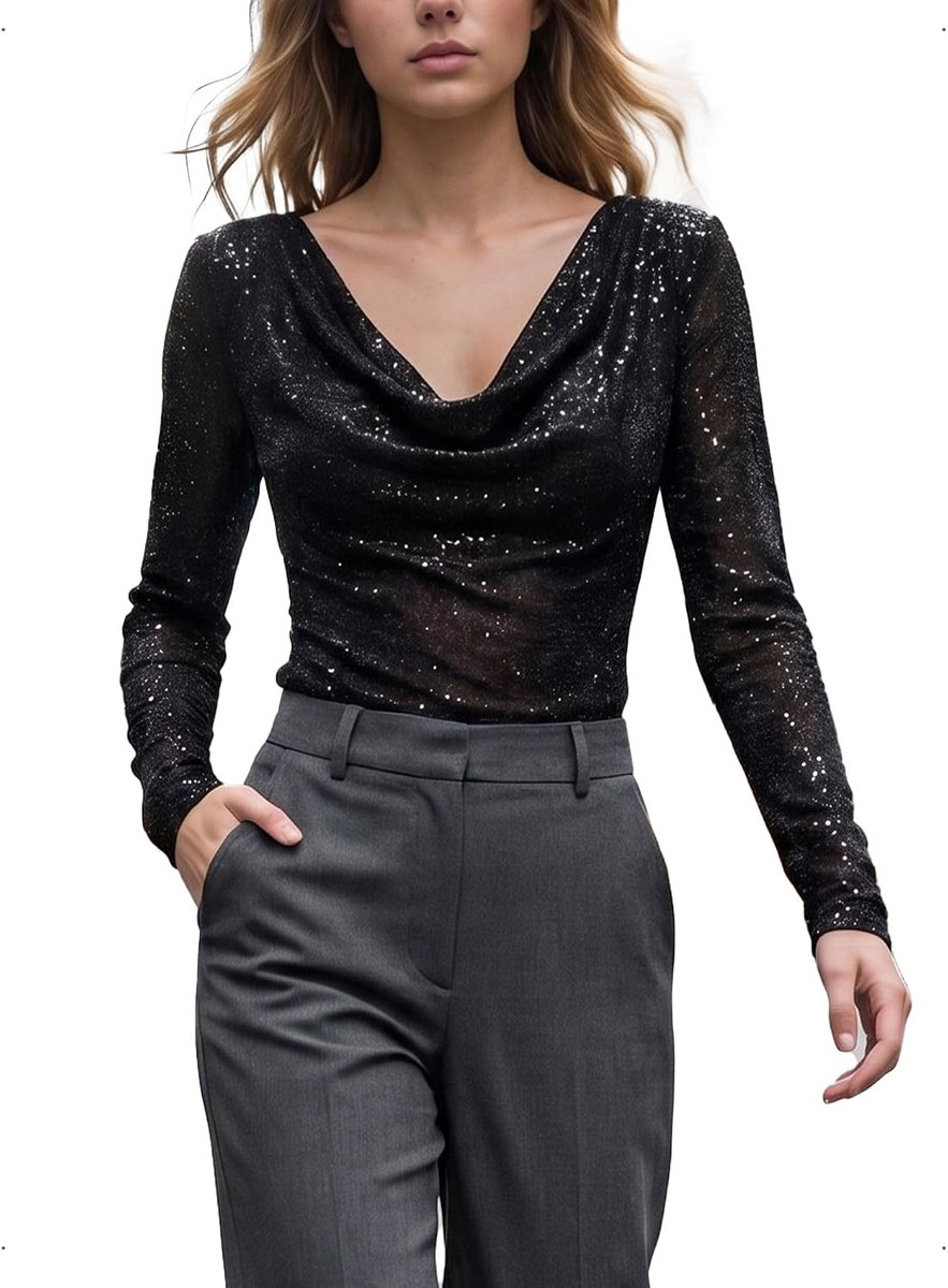 Dames Meshtop Zwart L Lange Mouwen Sexy Doorzichtig Nettop Met Glinsterende Pailletten Gedrapeerde Halslijn Y2K - ShopVlot