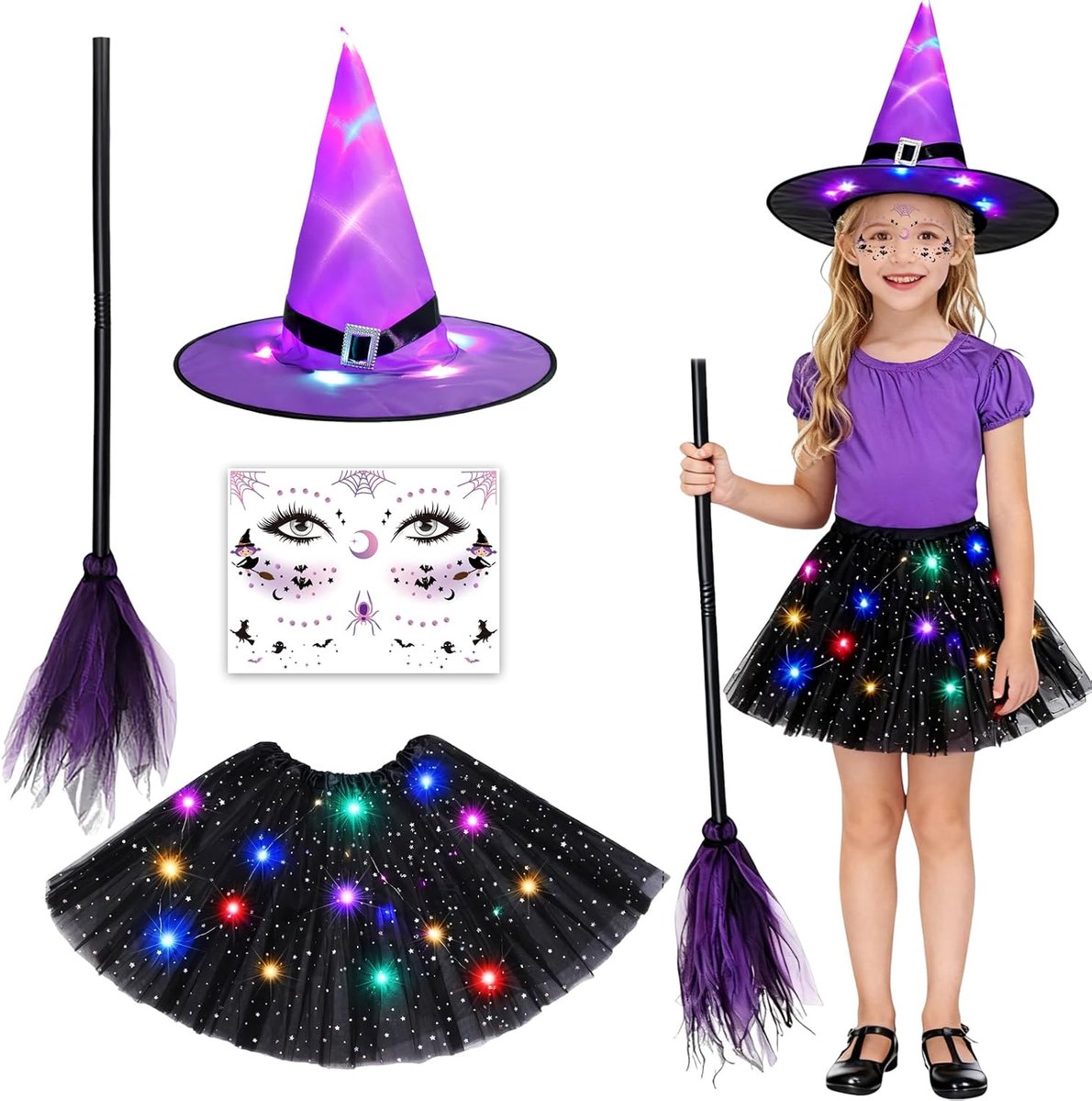 Witch Costume for Kids Girls Luminous Witch Costume with LED Witch Hat Tutu Skirt and Witch Broom Halloween Costume - ShopVlot