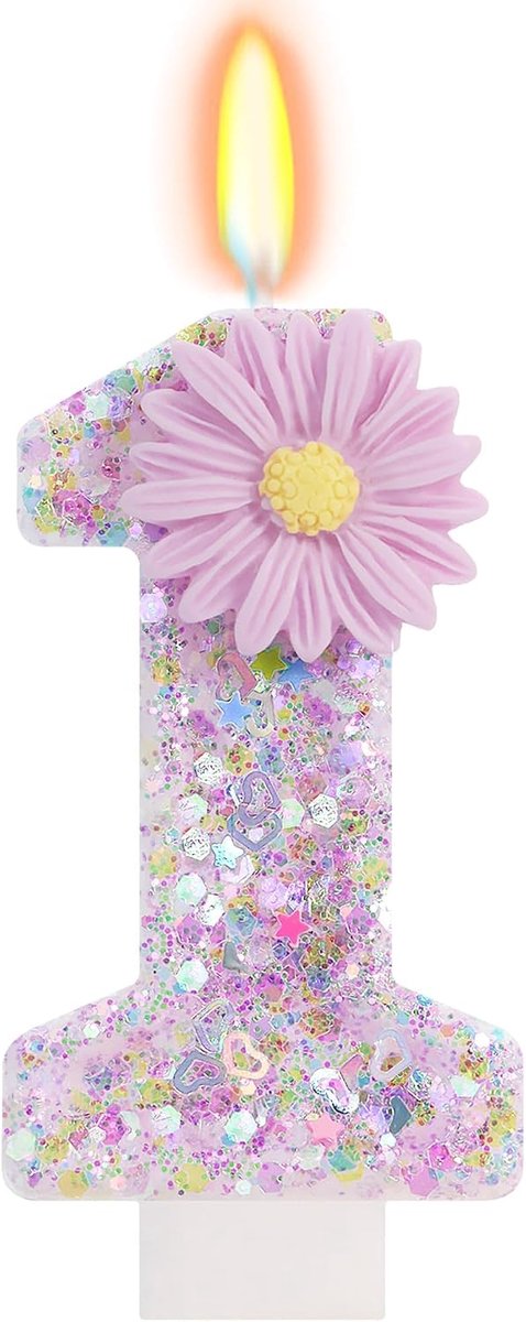 Verjaardagskaars Cijfer 1 - Paarse Glitter Kaars - Eerste Verjaardag Vieren - Glinsterend Madeliefjes Design - 7.2 cm Hoog - Paars