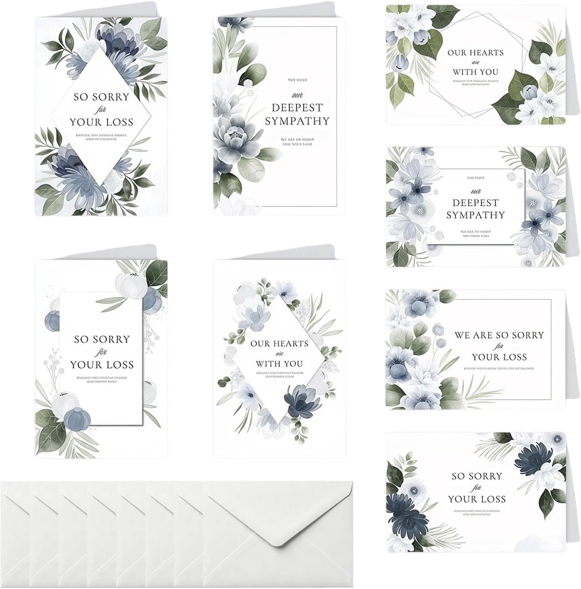 Condoleancekaarten set van 8 - elegante waterverf stijl - met enveloppen - voor rouw en herdenking - ShopVlot