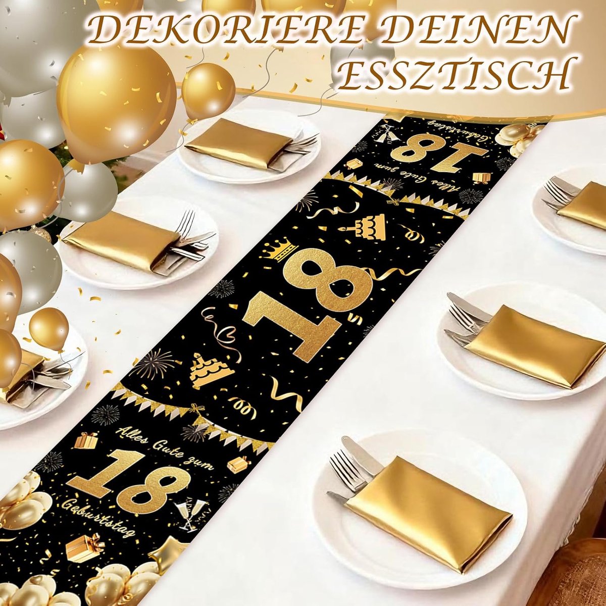Tafelloper 18e Verjaardag Zwart Goud - 180 x 35 cm - Feestdecoratie - Perfect voor verjaardagsfeest - ShopVlot