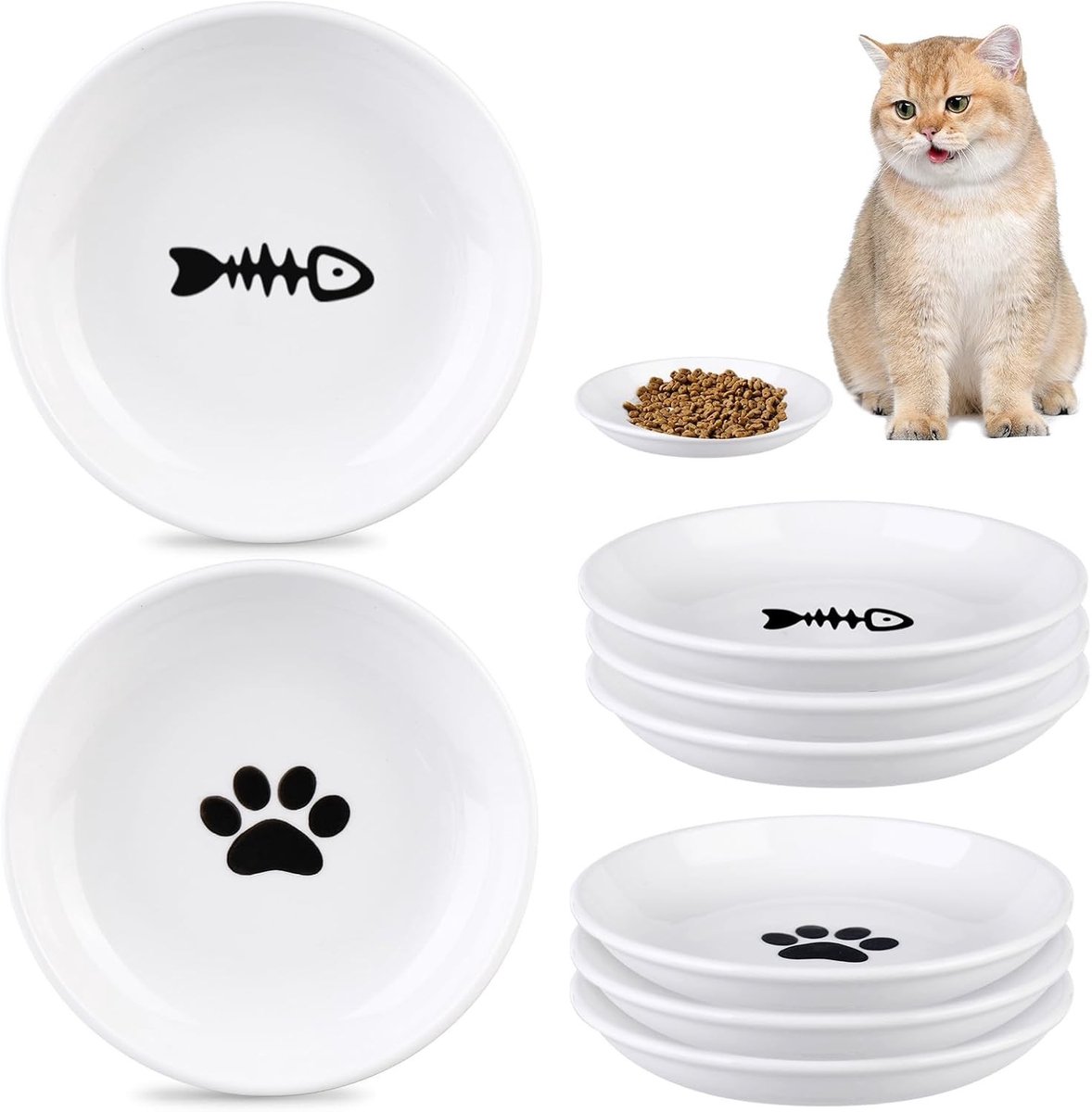 Set van 6 keramische kattenvoer- en waterkommen - vlakke, duurzame schalen voor kattenvoer en water, wit