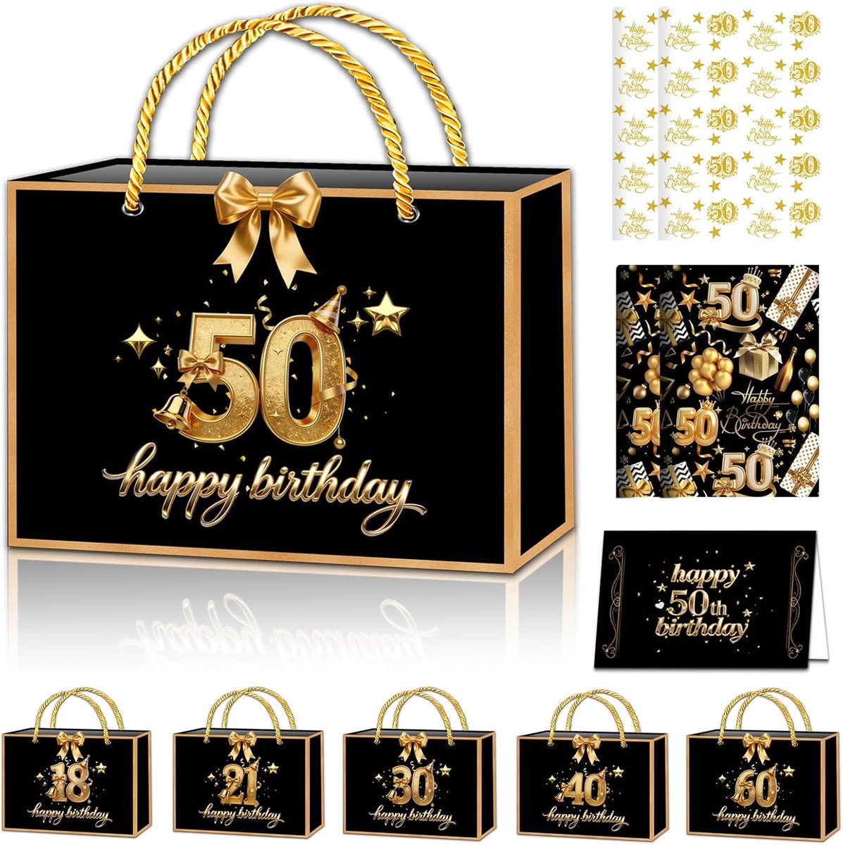 Cadeaupapier set zwart-goud - cadeauzak en wenskaart - alles-in-één voor 50e verjaardag - stijlvol en praktisch - ShopVlot