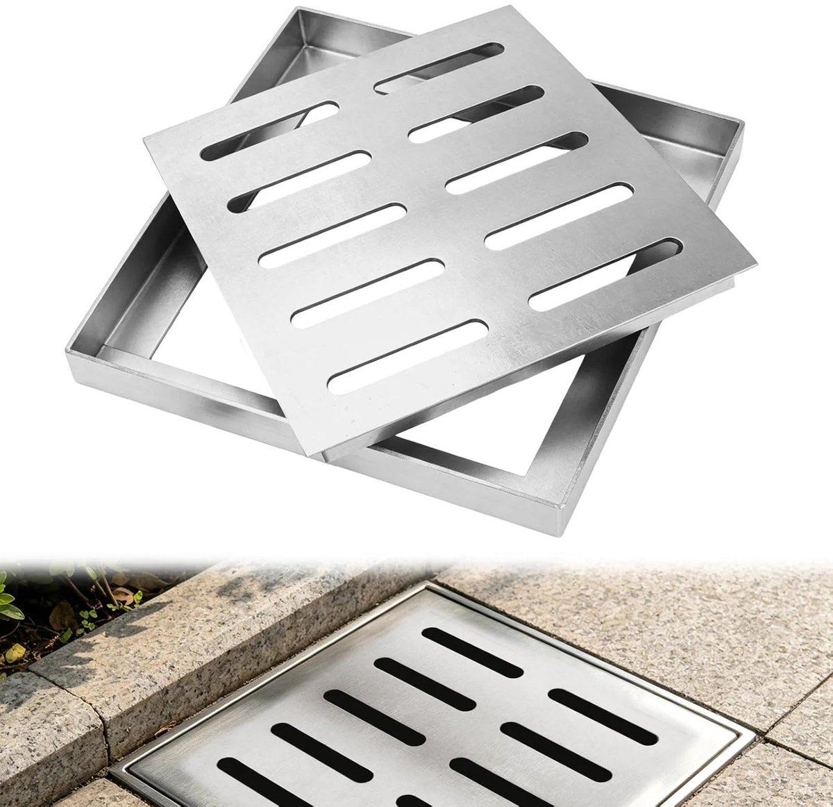 Vloerafvoerputje 200x200 mm - RVS met frame - vierkant - voorkomt verstopping - ShopVlot