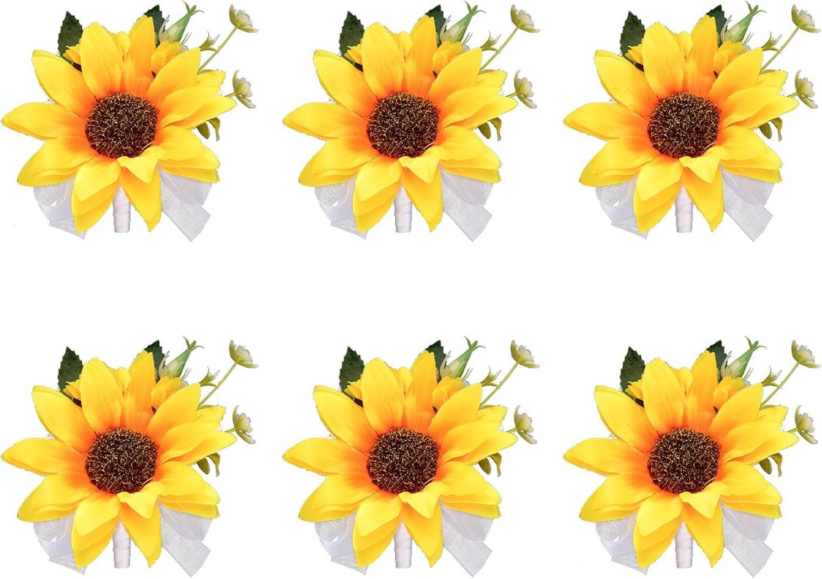 Boutonniere kunstbloemen 6 stuks - gele zonnebloem - duurzame corsage - perfect voor bruiloft en prom - m-winkel