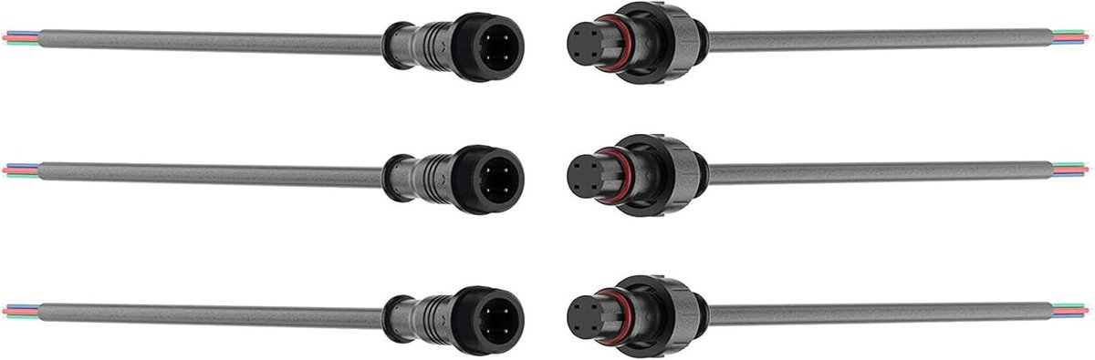 Waterdichte 4-Pin LED Plug, 3 Pairs, Male en Female, 4-Pole Connector met 16 AWG Verlengkabel voor LED Strips en Verlichting