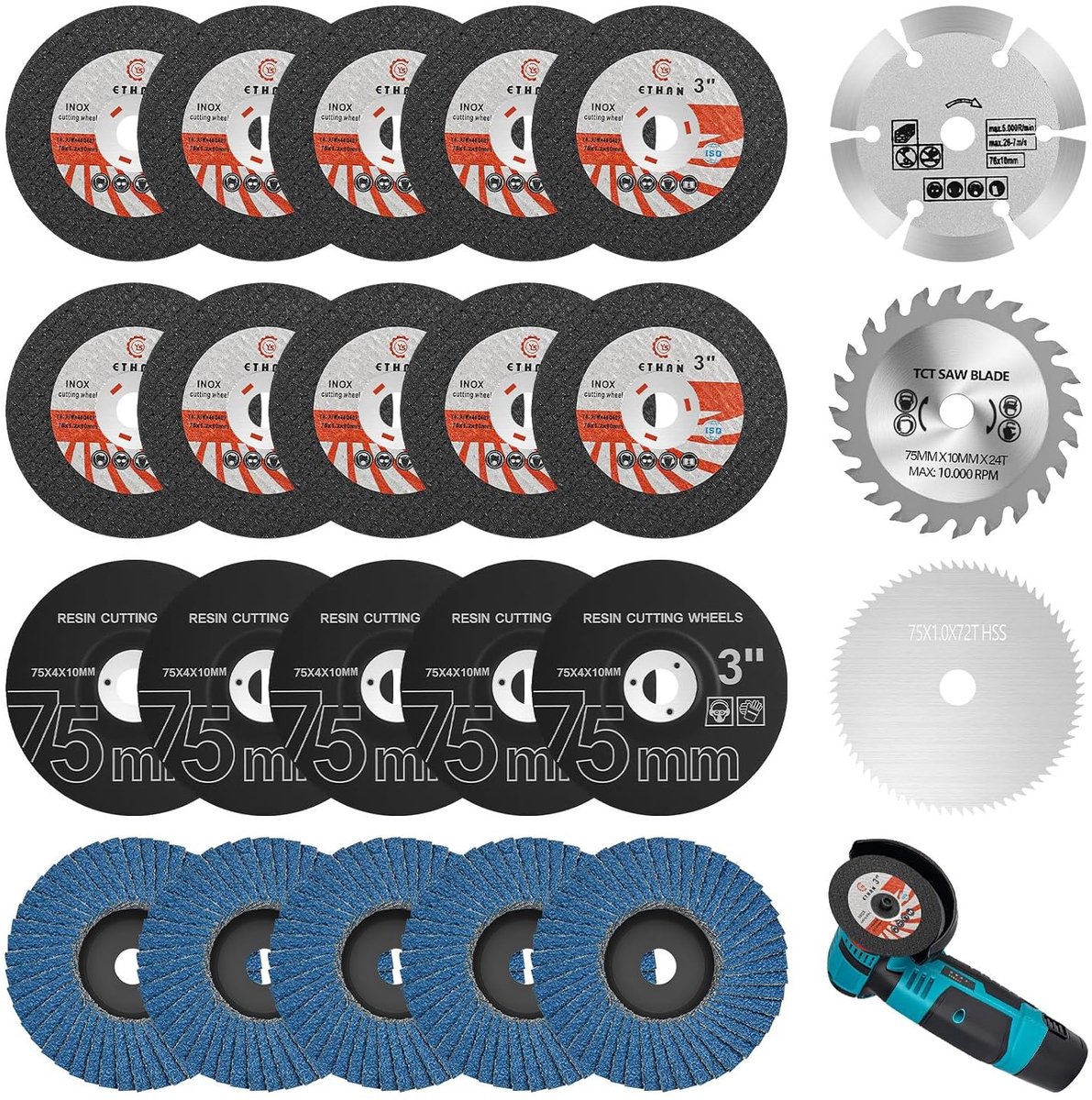 Snijschijven set 23-delig - 75 mm - HSS en diamant - perfect voor snijden en schuren - ShopVlot
