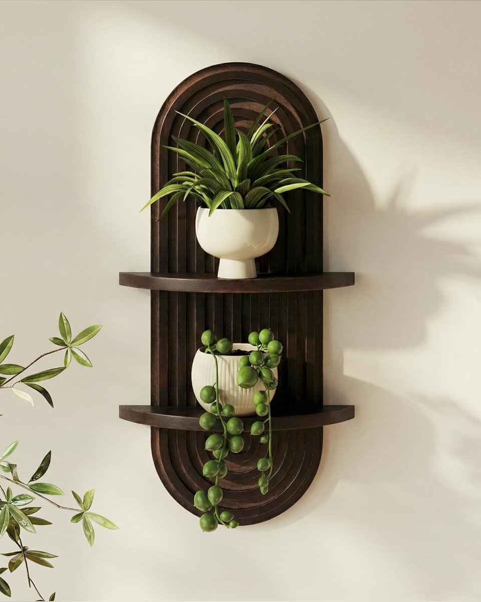 Boho Wanddecoratie met Planten - 2 Laags Houten Plank voor Moderne Interieurs, Perfect voor Woonkamer, Slaapkamer en Badkamer