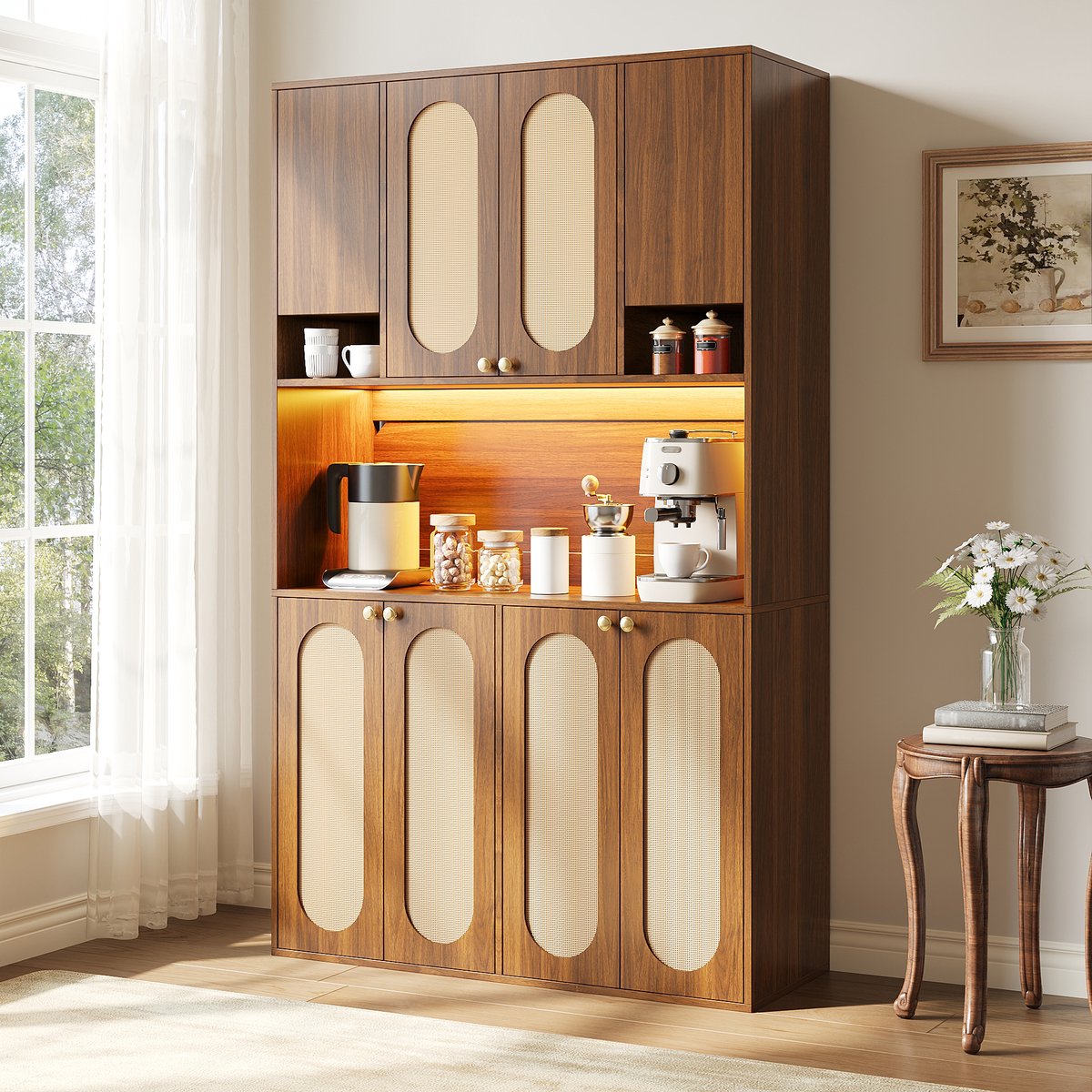 DESMIU Buffetkast - Hoge Kast Met Led Verlichting En Acht Deuren - Voor Eetkamer Woonkamer En Hal - MDF En Polyrattan - 106x40x178 Cm - Naturel
