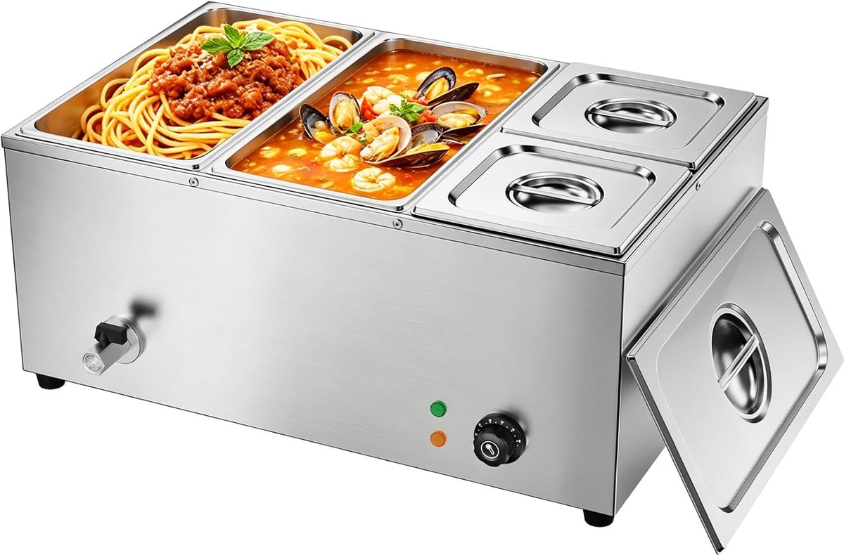 TAIMIKO Bain Marie 220V Professional Commercial Stainless Steel Electric Stainless Steel with 4 Jars for Breakfast - ShopVlot