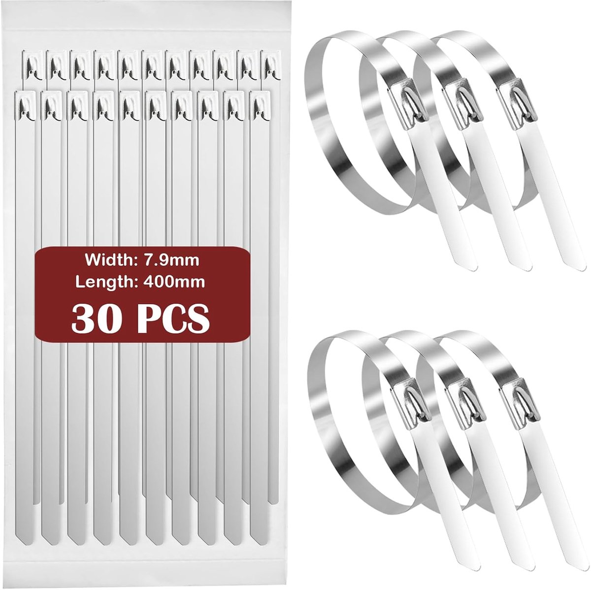 40cm Long Stainless Steel Cable Ties, 30 Pieces, Metal, Stainless 0.8cm Wide, Self Locking Steel Metal Cable Ties for - ShopVlot