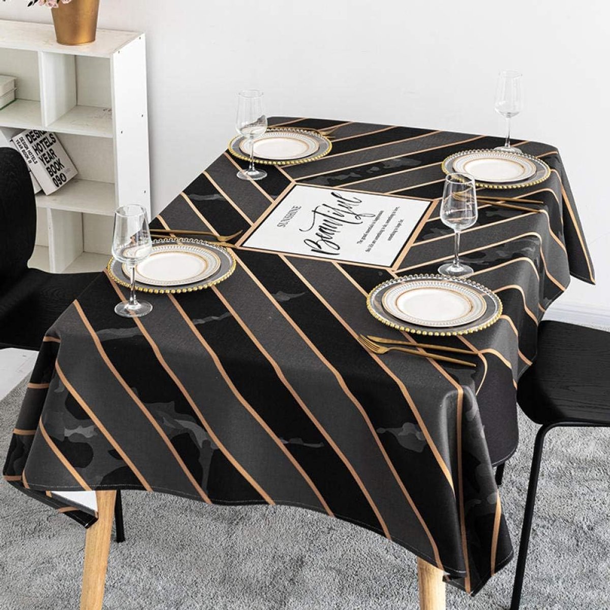 Tablecloth black gold simple Nordic cotton linen waterproof and oiltight disposable desk cloth - ShopVlot