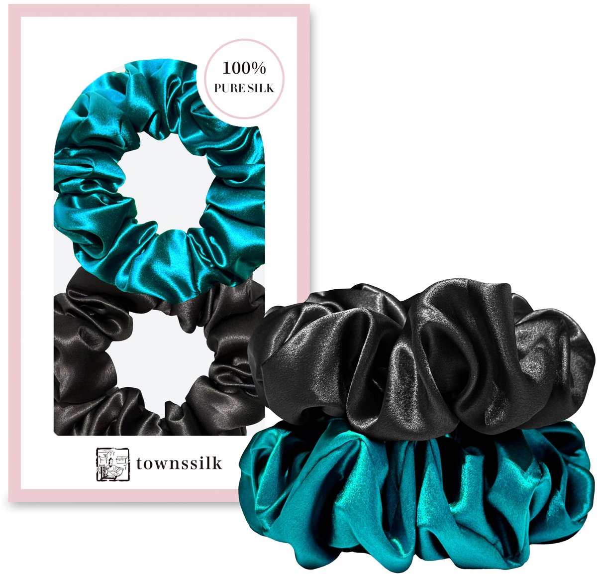 Zijden scrunchie set van 2 - 100% moerbeizijde - zwart & peacockblue - haarvriendelijk zonder afdrukken - ShopVlot