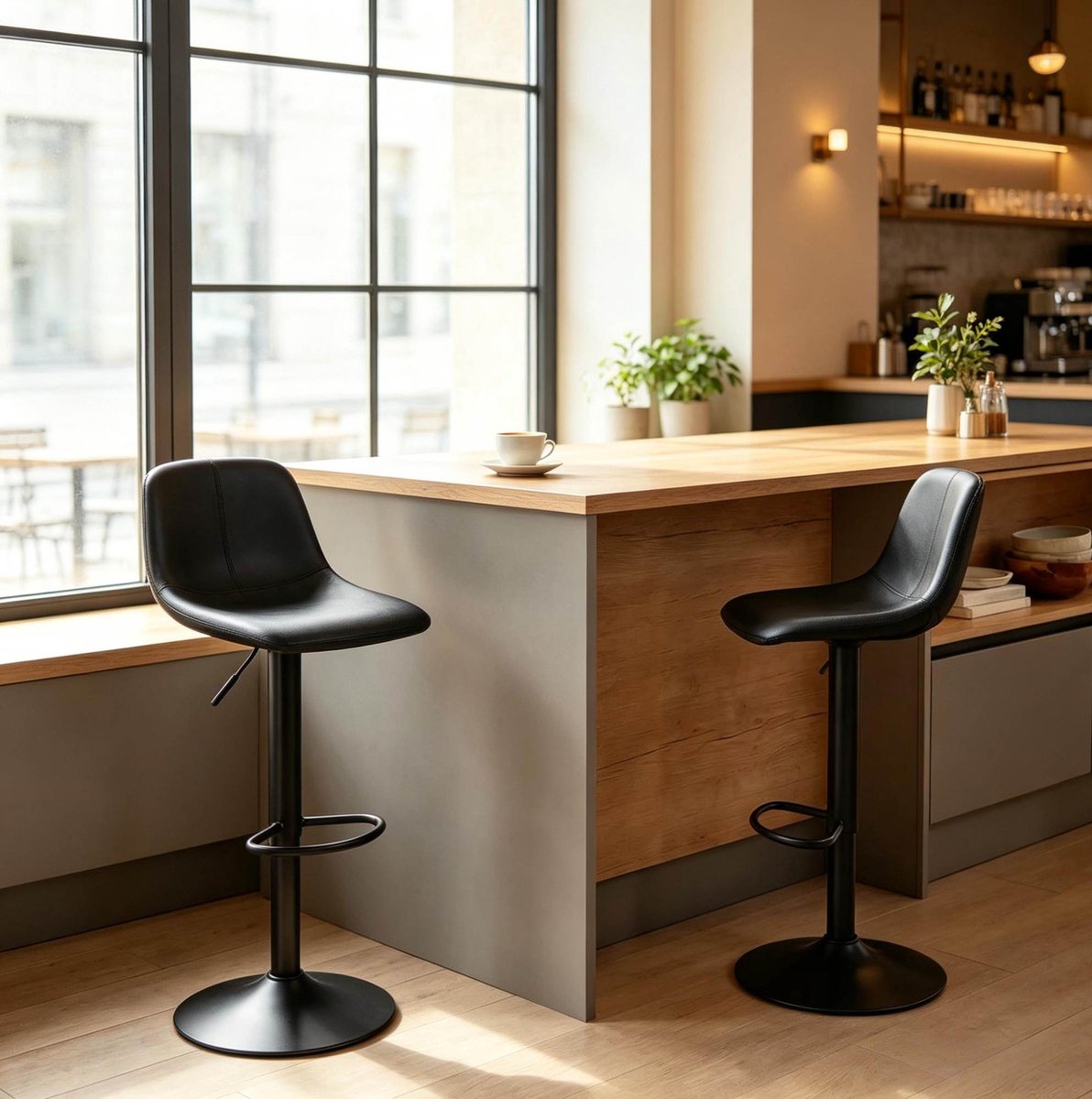 OKWISH Barkruk Set Van 2 - In Hoogte Verstelbaar Met 360 Graden Draaifunctie, Rugleuning En Voetensteun - Voor Keuken En Bar - Pu Leer - Zwart