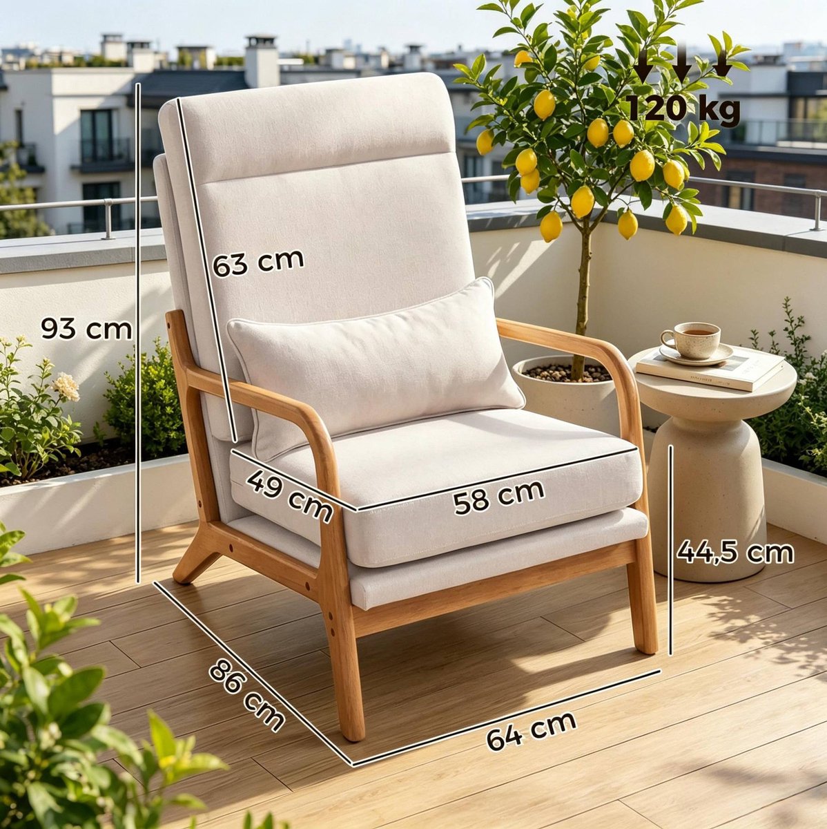 OKWISH Fauteuil - Ruime 1-Zits Met Hoge Rugleuning En Lendenkussen - Comfortabele Lounge Voor Woonkamer, Leeshoek Of Slaapkamer - Hout - Cream
