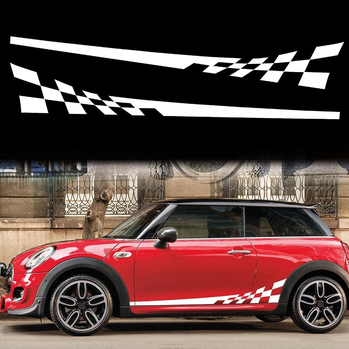 Racing Checkered Flag Side Stripes Decals - 77,2 inch - Wit - Waterdicht en zelfklevend voor Mini Cooper - ShopVlot