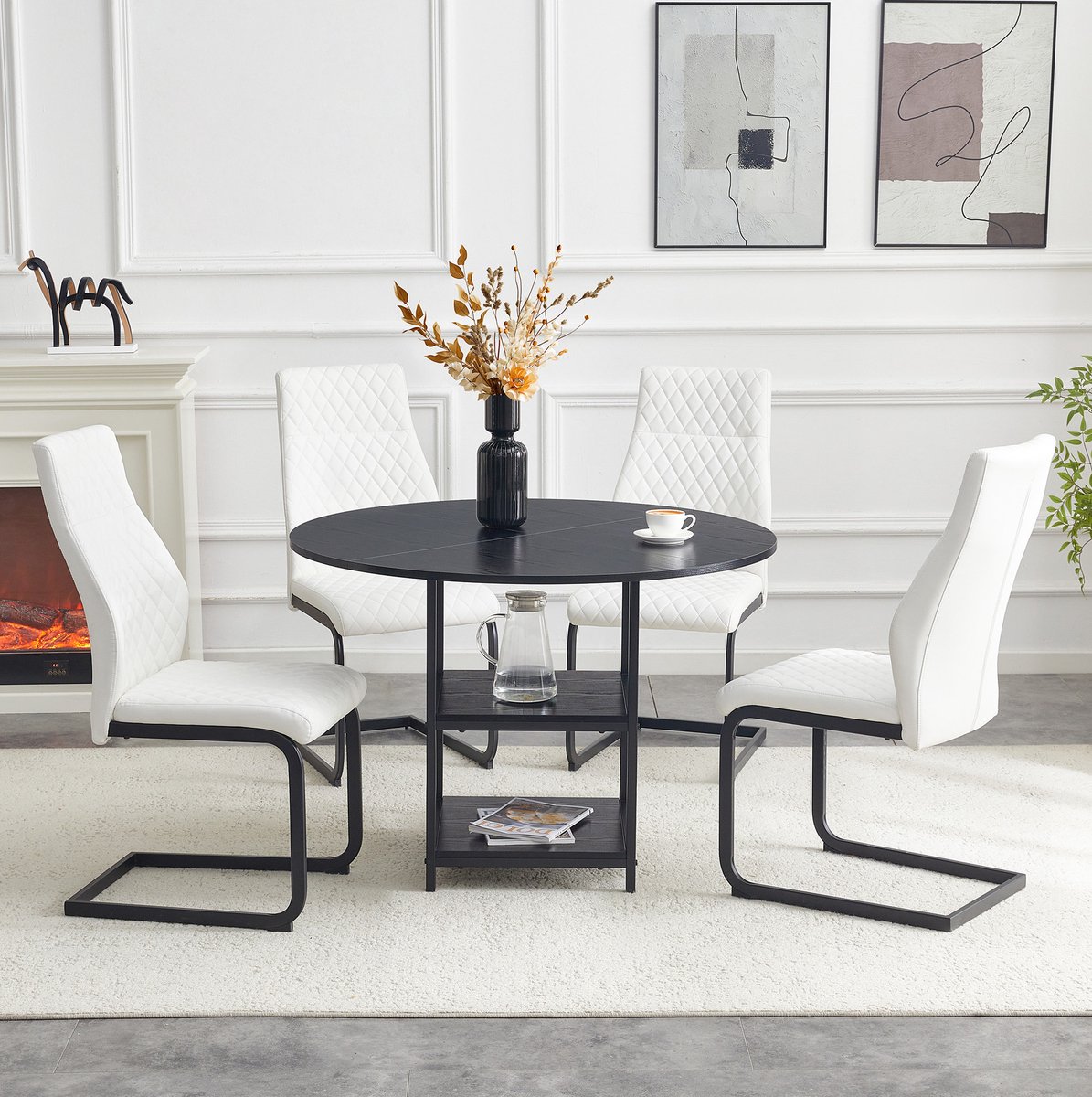 COVREO Ronde eettafel 107 cm zwart, MDF en metaal, 4 stoelen met opbergniveau